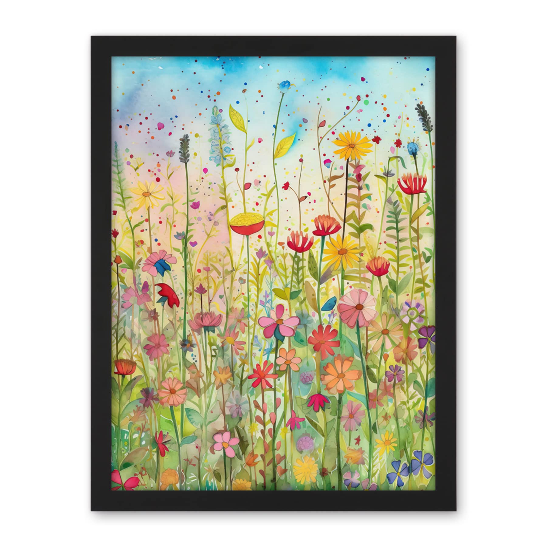 Artery8 Summer Wild Flower Blossom Meadow Folk Art Artwork Framed Wall Art Print 18X24 Inch