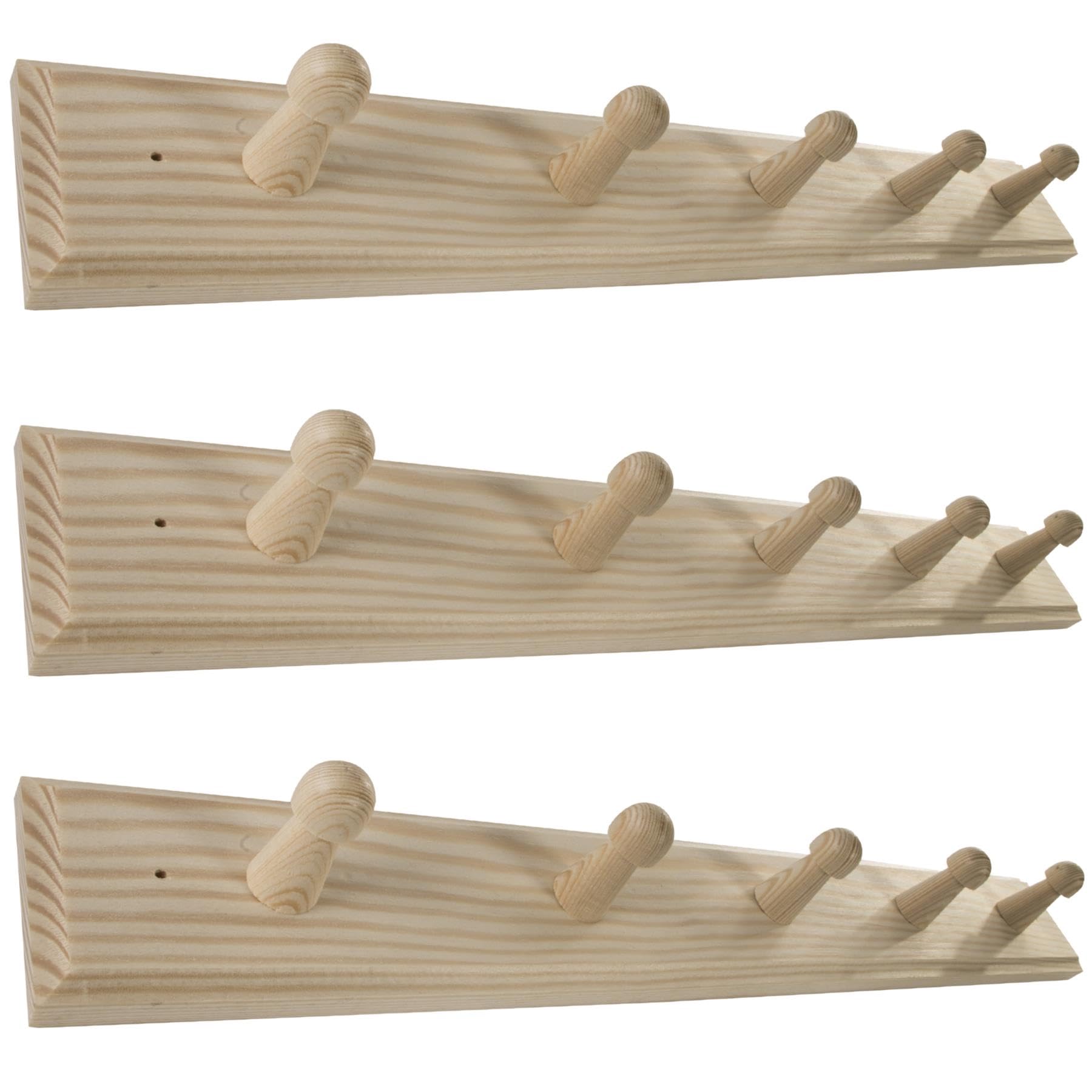 Woodeedoo Set Of 3 Wooden Coat Hooks Wall Mounted 5 Pegs Each – Natural Pine Unpainted Hook Racks For Door Or Wall Diy Clothes Towel Storage 46 X 6 X 5.5 Cm Per Rack Entryway Bedroom Utility