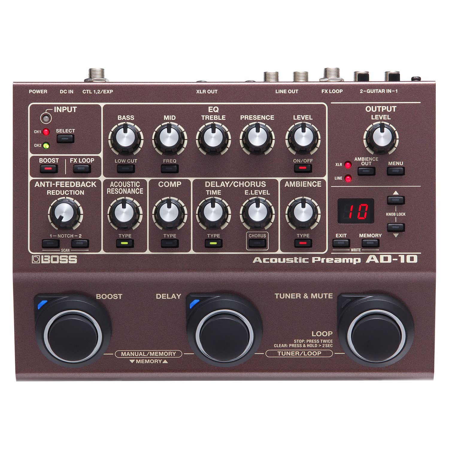 Boss AD-10 Preamp - Dispositivo multi-effetto per chitarra acustica + cavo jack Keepdrum