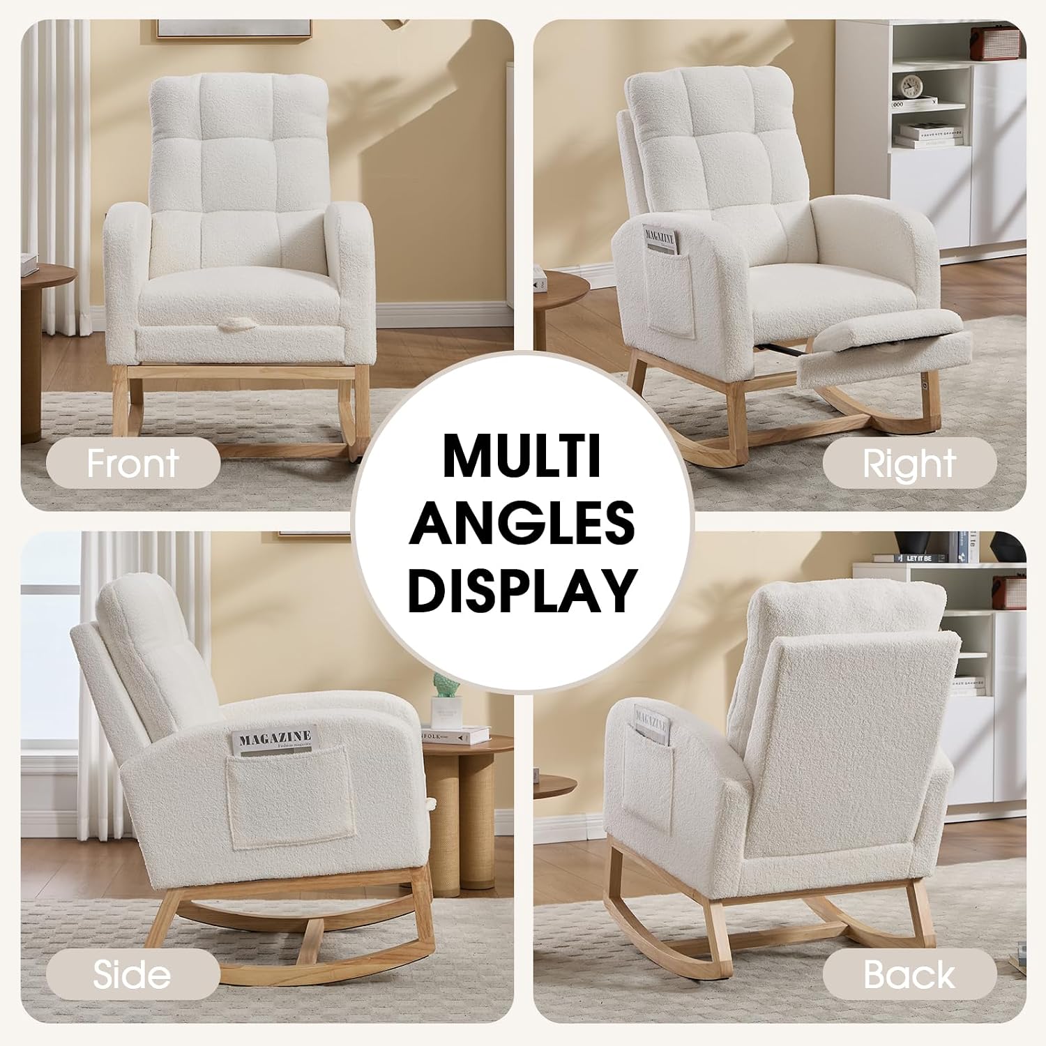 Nursery Rocking Chair, Teddy Boucle Upholstered Glider Rocker with Adjustable Footrest, High Back Rocker with Side Pockets, Comfy Accent Reading Chair for Living Room (White Retro)