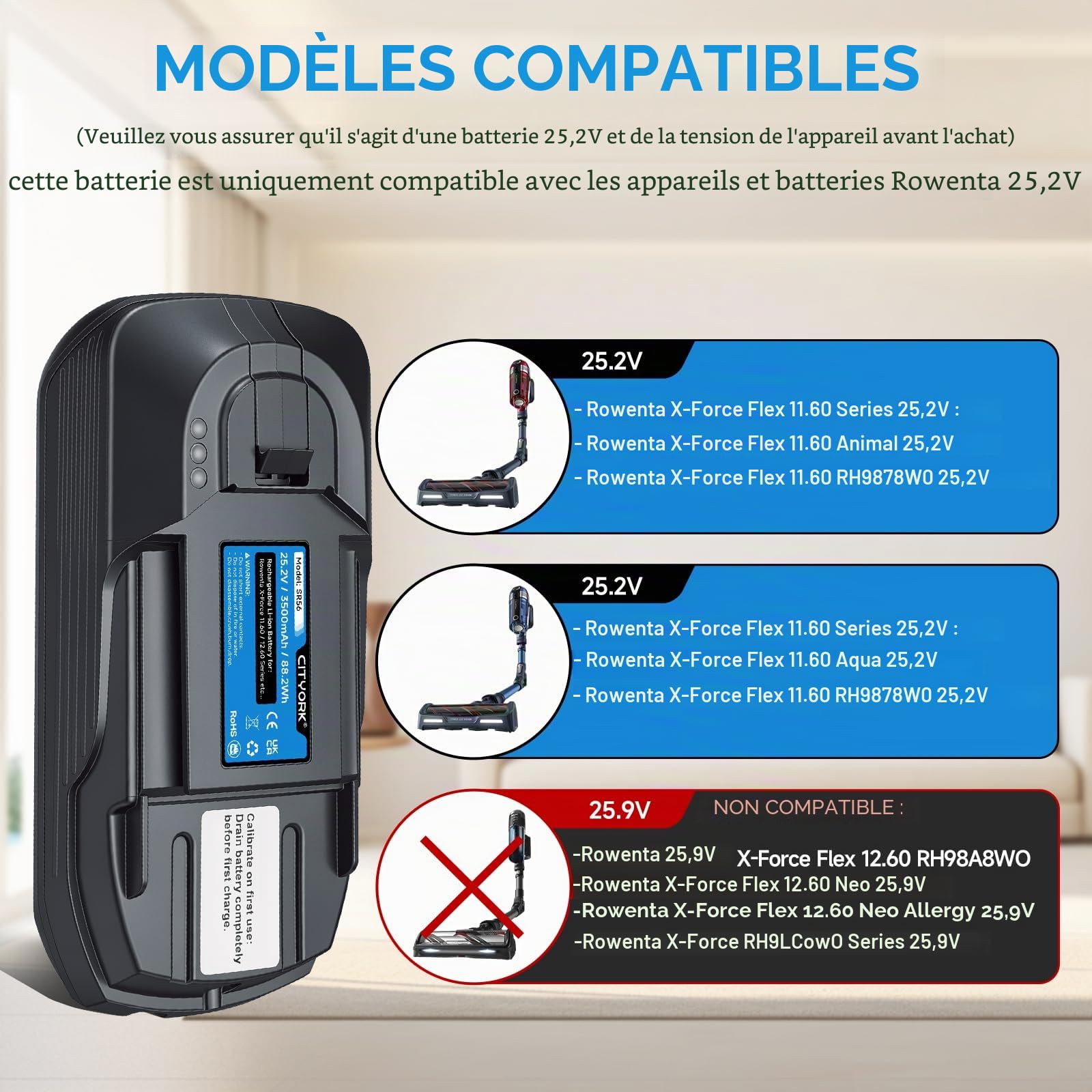 CITYORK 25,2V/3500mAh Batterie pour 25.2V Rowenta X-Force Flex 11.60 Aqua/Animal Series, pour Rowenta 25,2V TY98,EO98 Batterie RH9878WO/ZR009701/ZR009705(non avec 25.9V Rowenta Flex 11.60/12.60 Serie)