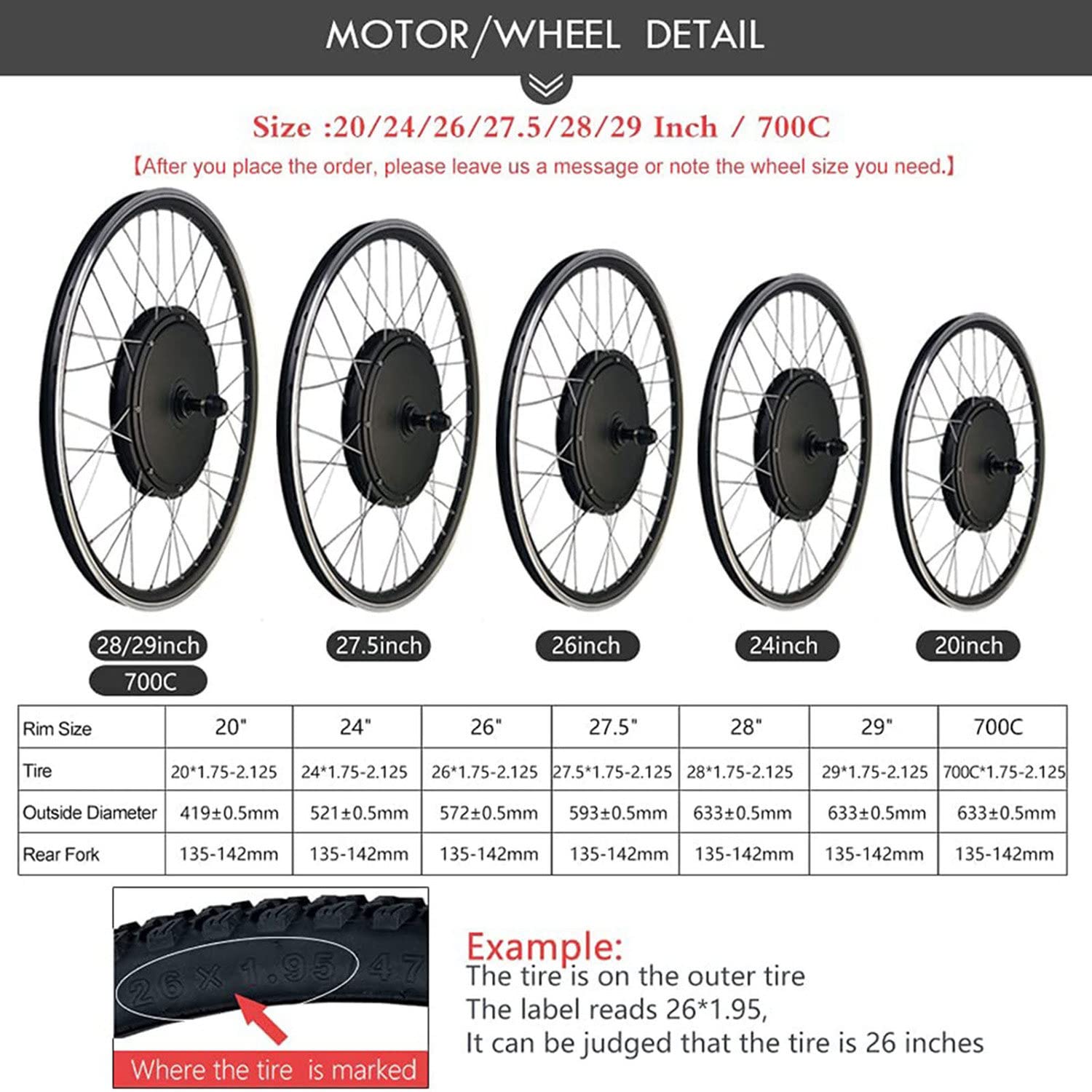 Zestaw do konwersji roweru elektrycznego na tylne koło kasetowe Zestaw do konwersji roweru elektrycznego Ebike 20”,24”,26”,27,5”,28”,29”,700c na rower górski 48V/500W-28inch