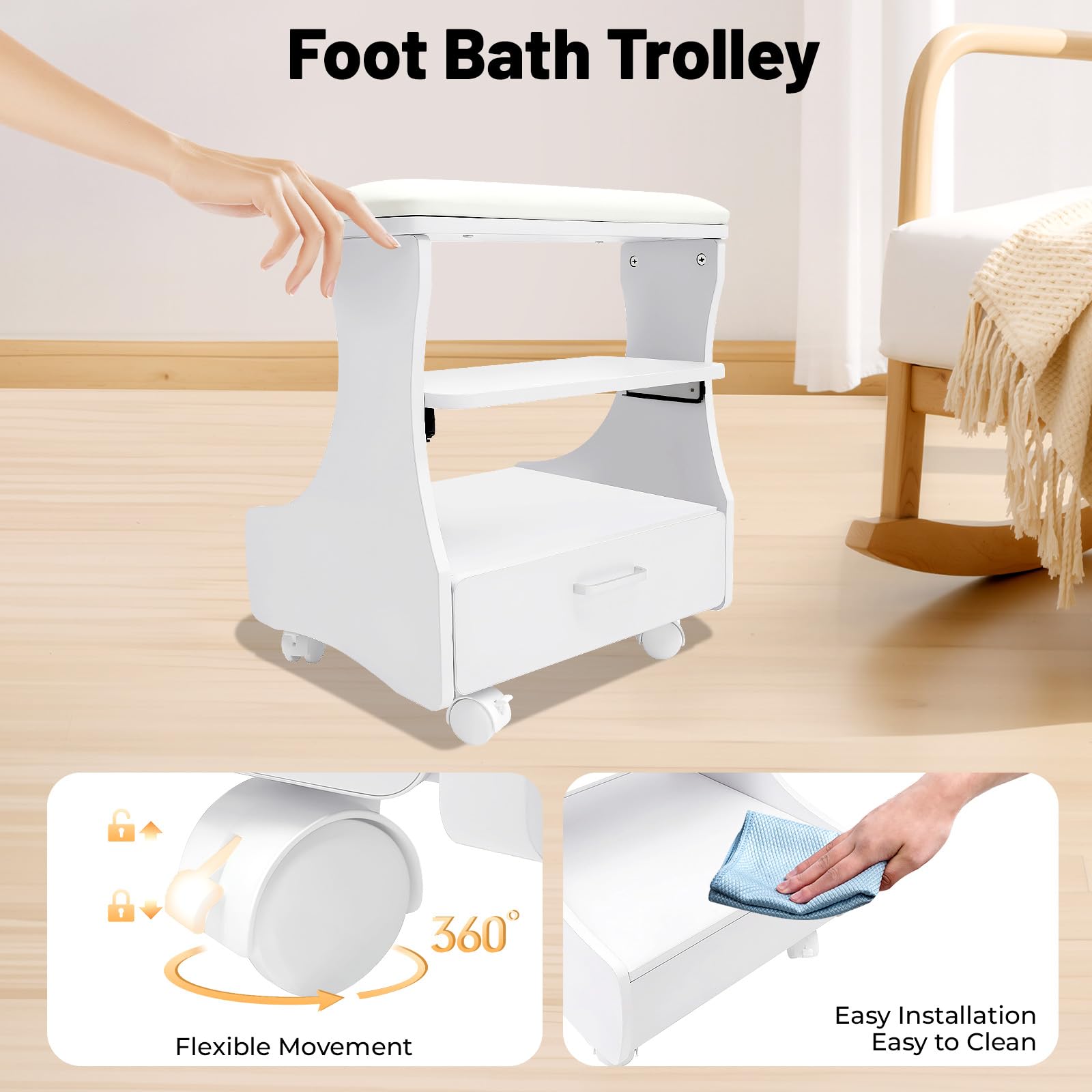 Reposapiés pedicura, manicura pie calma con ruedas, taburete de baño para pies, taburete de maquillaje, taburete de pedicura, ideal para salón de belleza, salón de uñas, color blanco