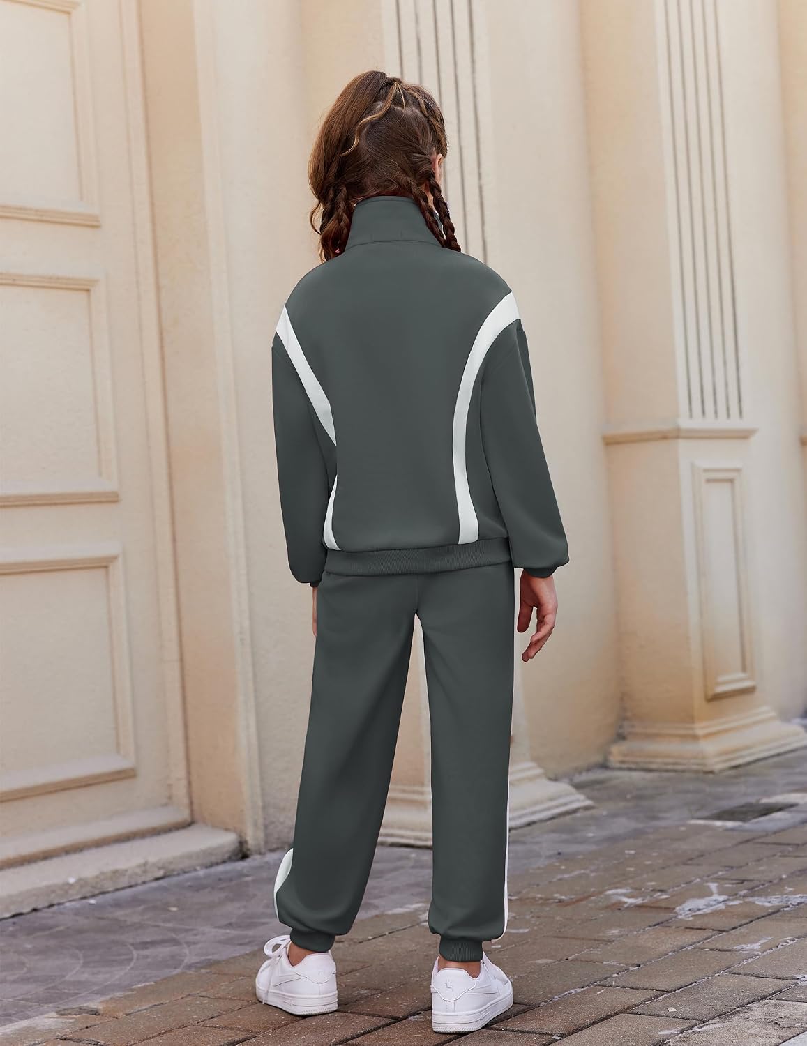 Zaclotre Girl's 2 Piece Outfits Zip Up Sweatsuit Contrast Striped Sweatshirt Sweatpant Sets Jogging Track Suit