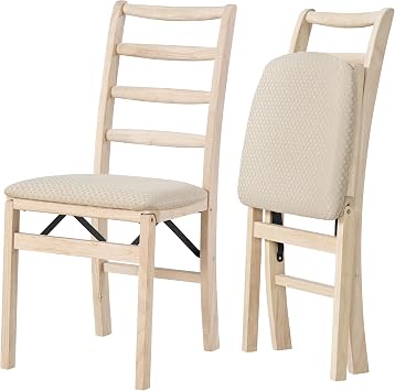 Stakmore Shaker Ladderback Wooden Folding Chairs with Padded Seats, Set of 2 - No Assembly Foldable Dining Chairs, Steel Folding Mechanism, Upholstered Leather Cushion, Space-Saving, Unfinished Frame