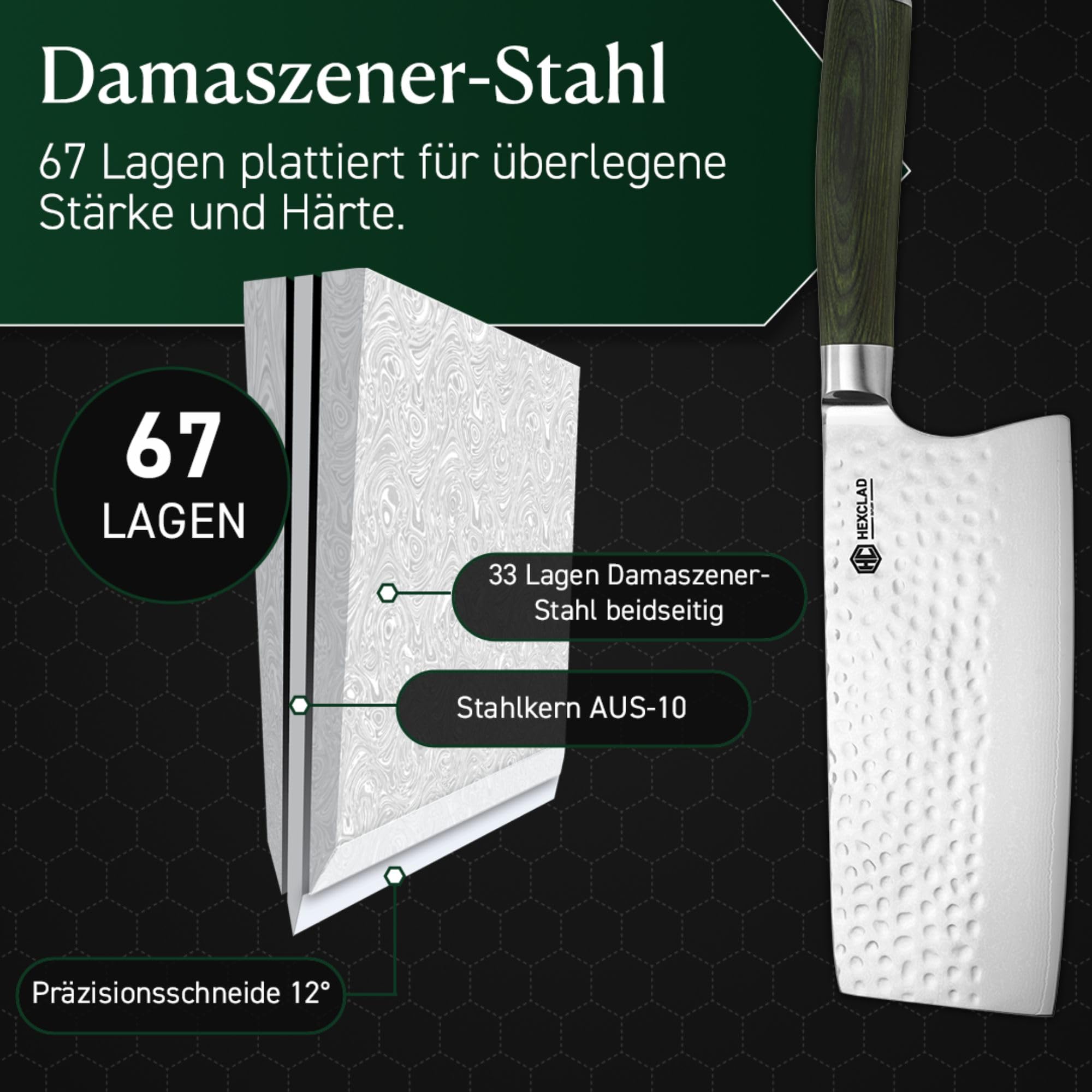 HexClad Hackmesser, 18 cm Klinge aus rostfreiem japanischem Damaststahl, Full Tang Konstruktion, Griff aus Pakkaholz