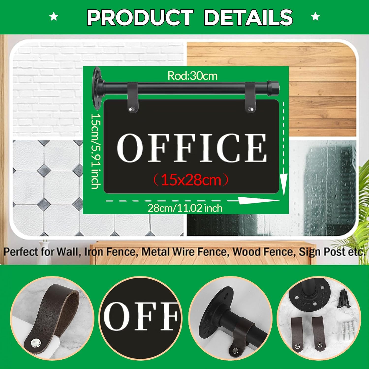 Modern Office Sign 11" x 6" Double-Sided Wall-Mounted Office Door Sign For Business UV Printed Indoor/Outdoor Pre-Drilled Holes with Metal Rod