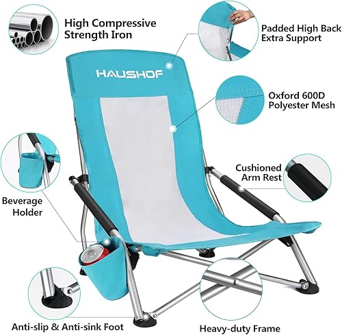 Miniatura 4 de HAUSHOF Silla de playa con respaldo alto, silla plegable con respaldo de malla, sillas de camping ligeras de asiento bajo y mesa de picnic portátil