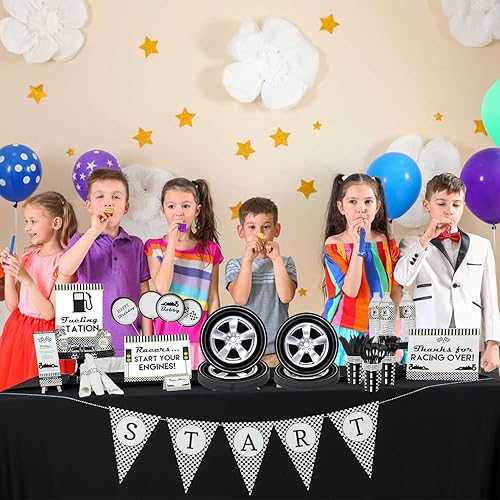Miniatura 6 de 168 piezas de decoración de fiesta de autos de carreras, suministros de cumpleaños de autos, incluye platos, servilletas, vasos, cubiertos