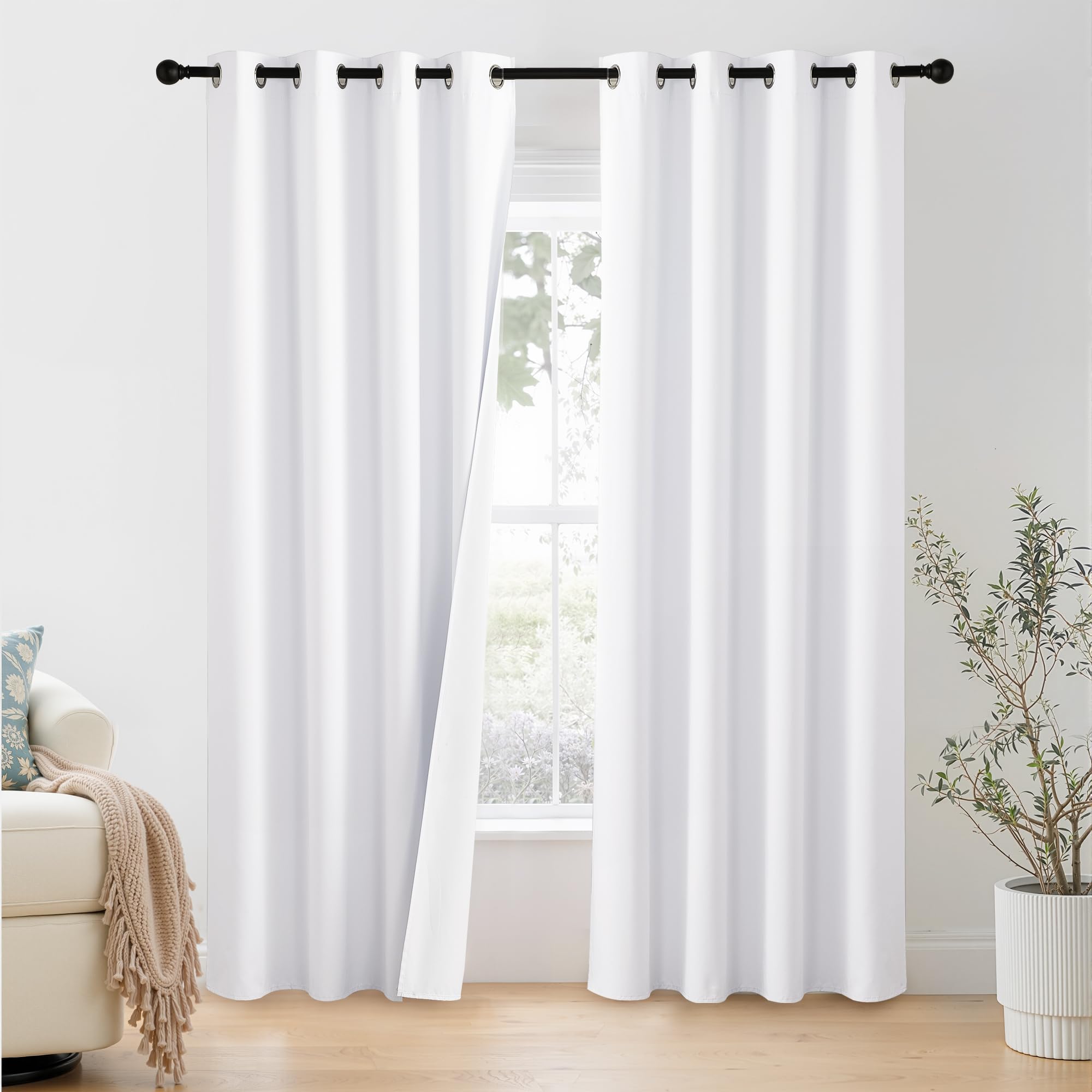 NICETOWN 100% Blackout Window Curtain Panels 86 inch Length for Living Room, Set of 2, Snow White, 55 inches Wide, Thermal Insulated Drapes
