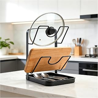 Double-Layer Pot Lid Organizer, Kitchen Pot Lid Storage Rack with Removable Drip Tray, Kitchen Pot Lid Holder While Cooking, Multifunctional Kitchen Pot Lid Organizer for Pots Pans & Cutting Boards