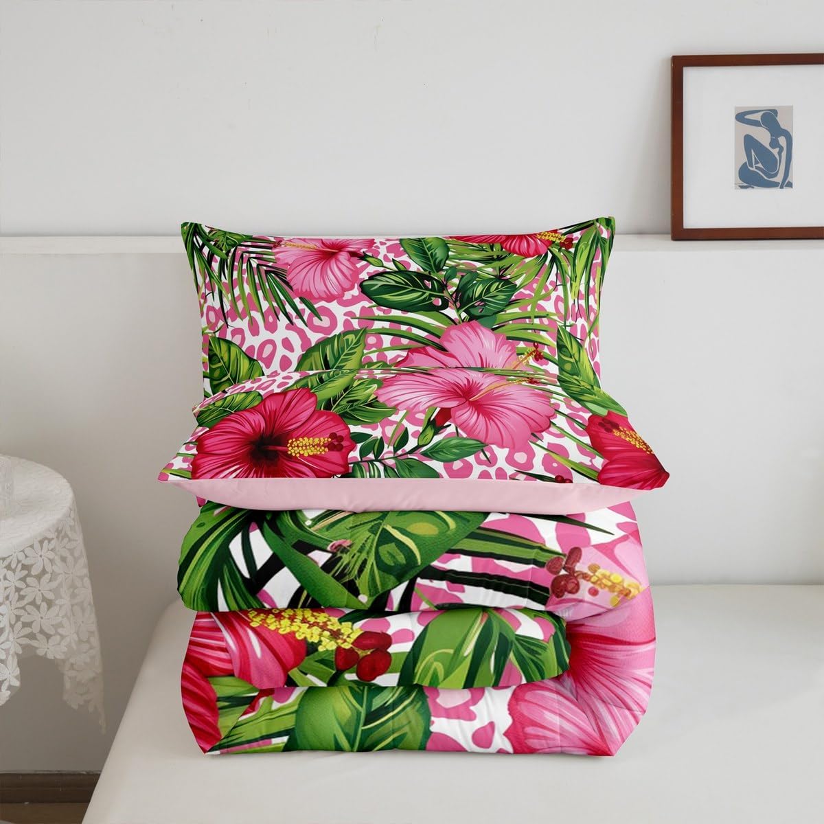 Erosebridal Hawaiian Plants Flowers Comforter Set Tropical Palm Leaves Twin Bedding Set Pink Leopard Print Bedding Comforter Sets Pink Hibiscus Floral Quilt Set for Kids Teen Adults Room Decor