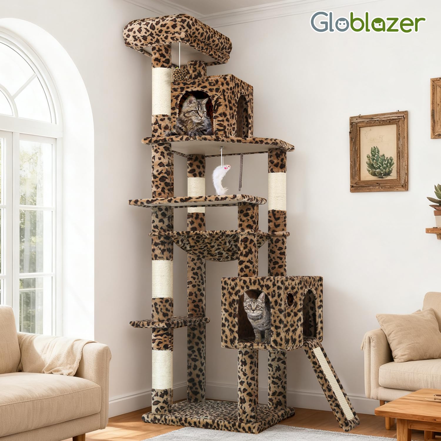 Globlazer Árbol Rascador Leopardo Esquina para Gatos Alto 178 cm con Hamaca, 2 Nidos, Plataformas, Tabla Rascar Sisal, Peluche Juguetes, Estable Torre para Grande Gatos Adulto (F70 Pro, Leopardo)