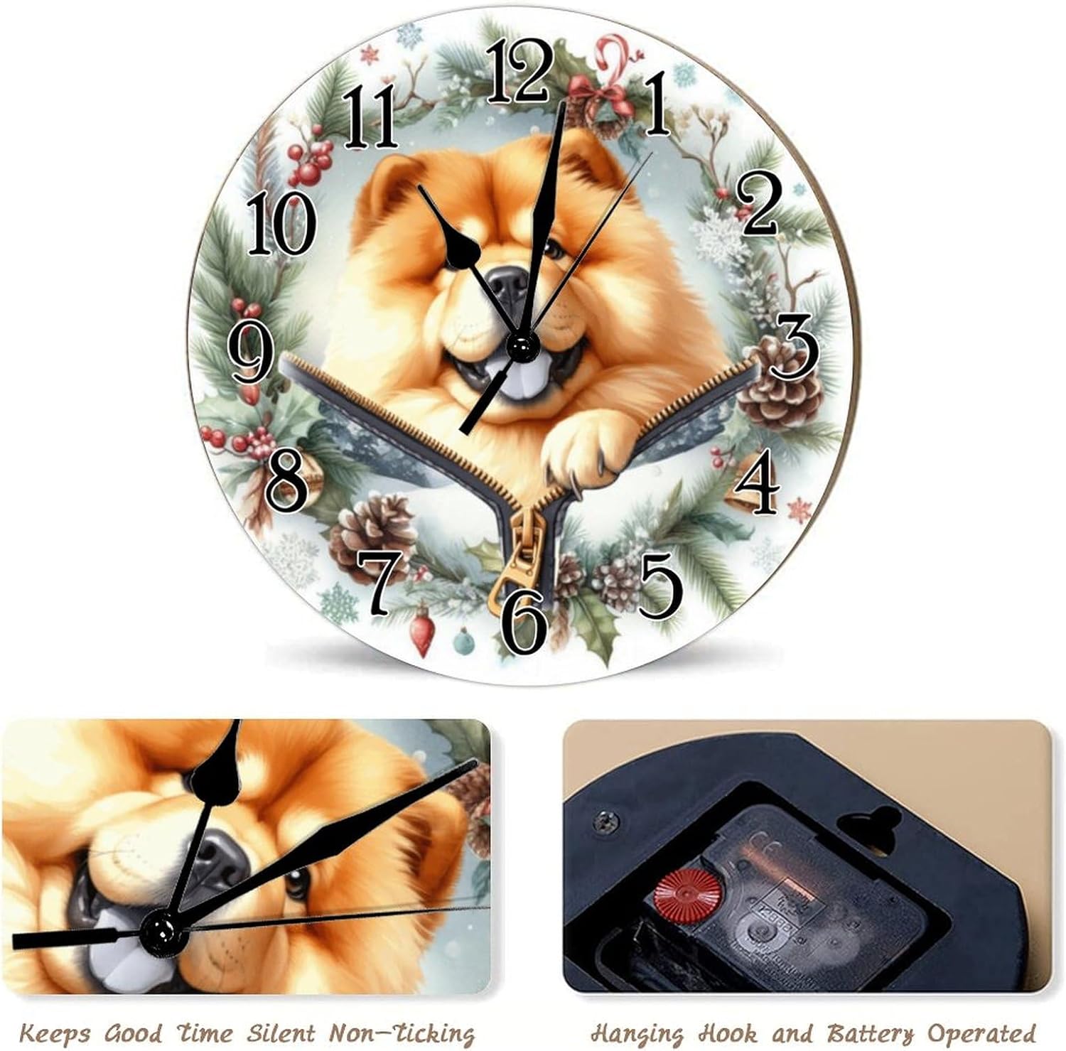 Clock Chow Chow Clock for Wall Chow Chow Funny Zipper Peeking Dog Wooden Decorative Clocks Non-Ticking Battery Operated Round Clock Dog Owner Gift Clocks for Living Room 15x15in
