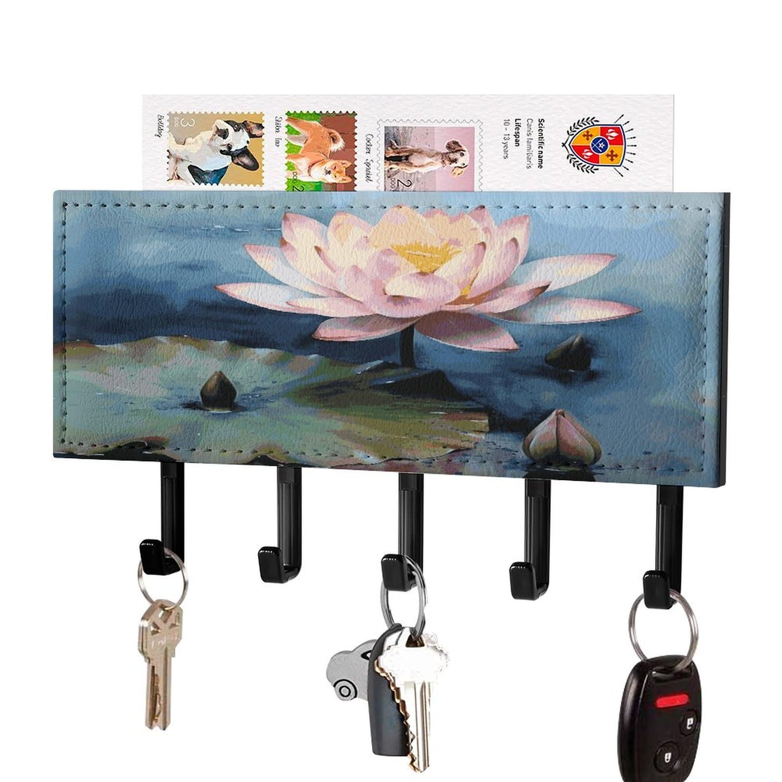 FekiLoot Lotus Flower Painting Key Holder for Wall Decorative Mail Organizer with 5 Key Hook Self Adhesive Key Rack with Tray Coat Rack Wall Mount Key Hanger Decor for Entryway Door
