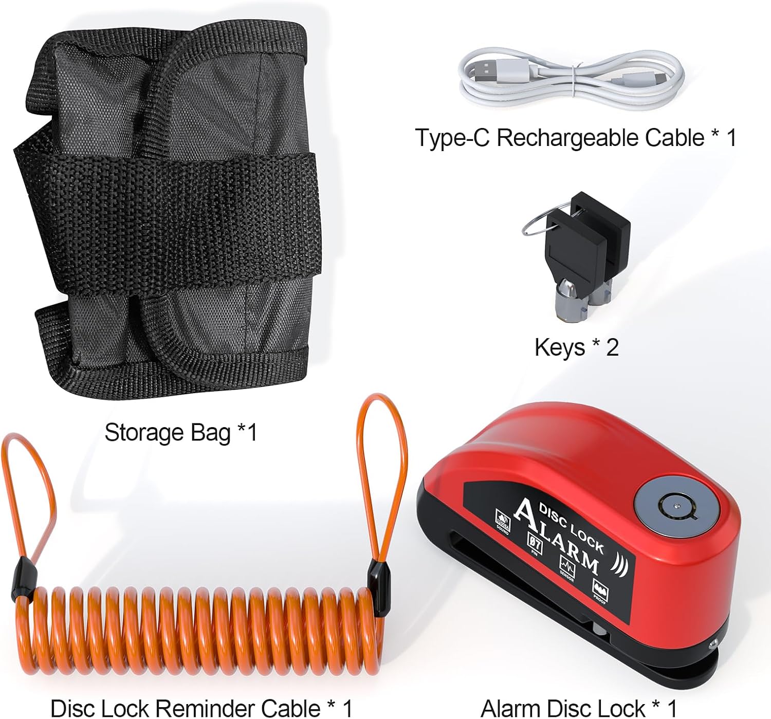 JAGASOL Motorcycle Alarm Disc Brake Lock With Reminder Cable - Rechargeable, 110 dB Sound, Anti-Theft Waterproof, 2 H Fast-Charging, 9 Months Standby, 7 mm Pin Universal for Bikes
