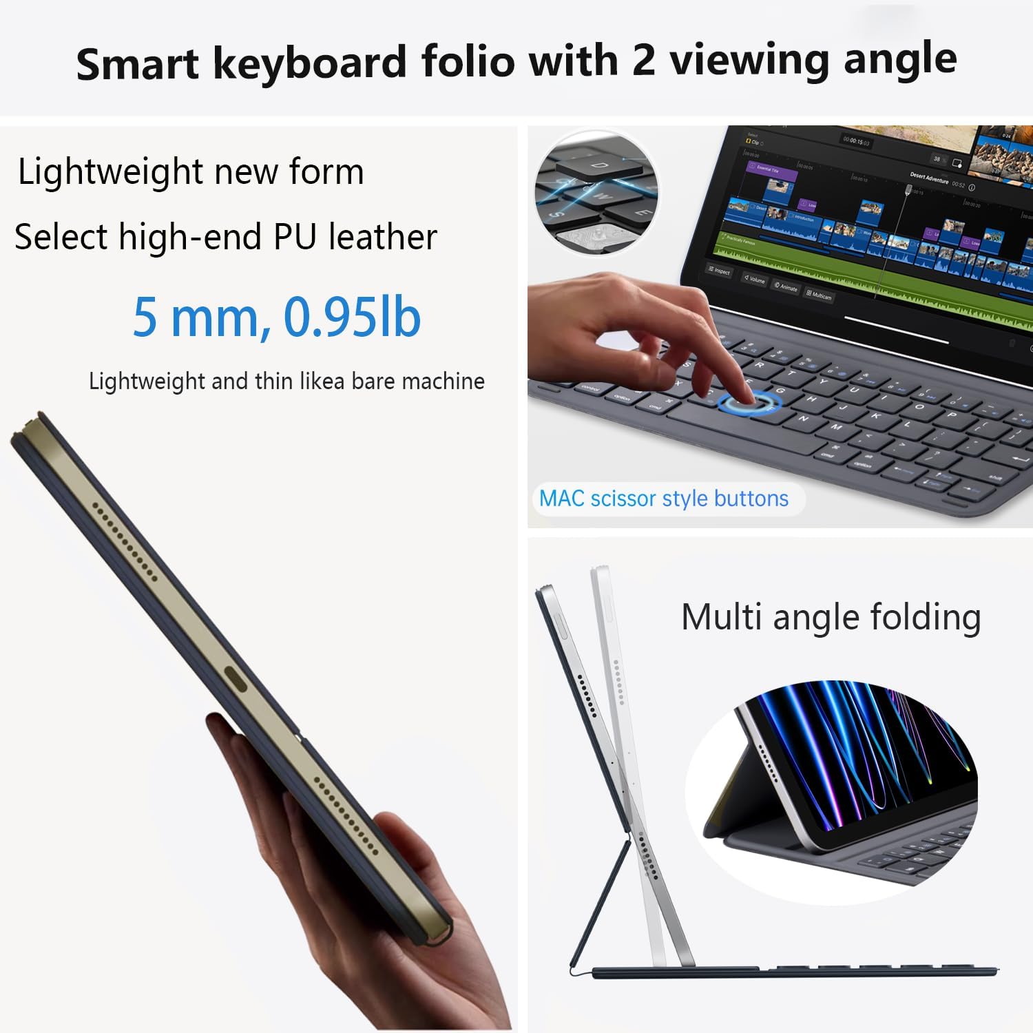 Smart Keyboard Folio for Air 11 Inch (M3 2025/M2 2024) & iPad Pro 11 inch (1st,2nd,3rd,4th Gen) and 10.9" iPad Air (4th, 5th Gen),Magnetic Keyboard Case with Two Viewing Angles,Front Back Protection