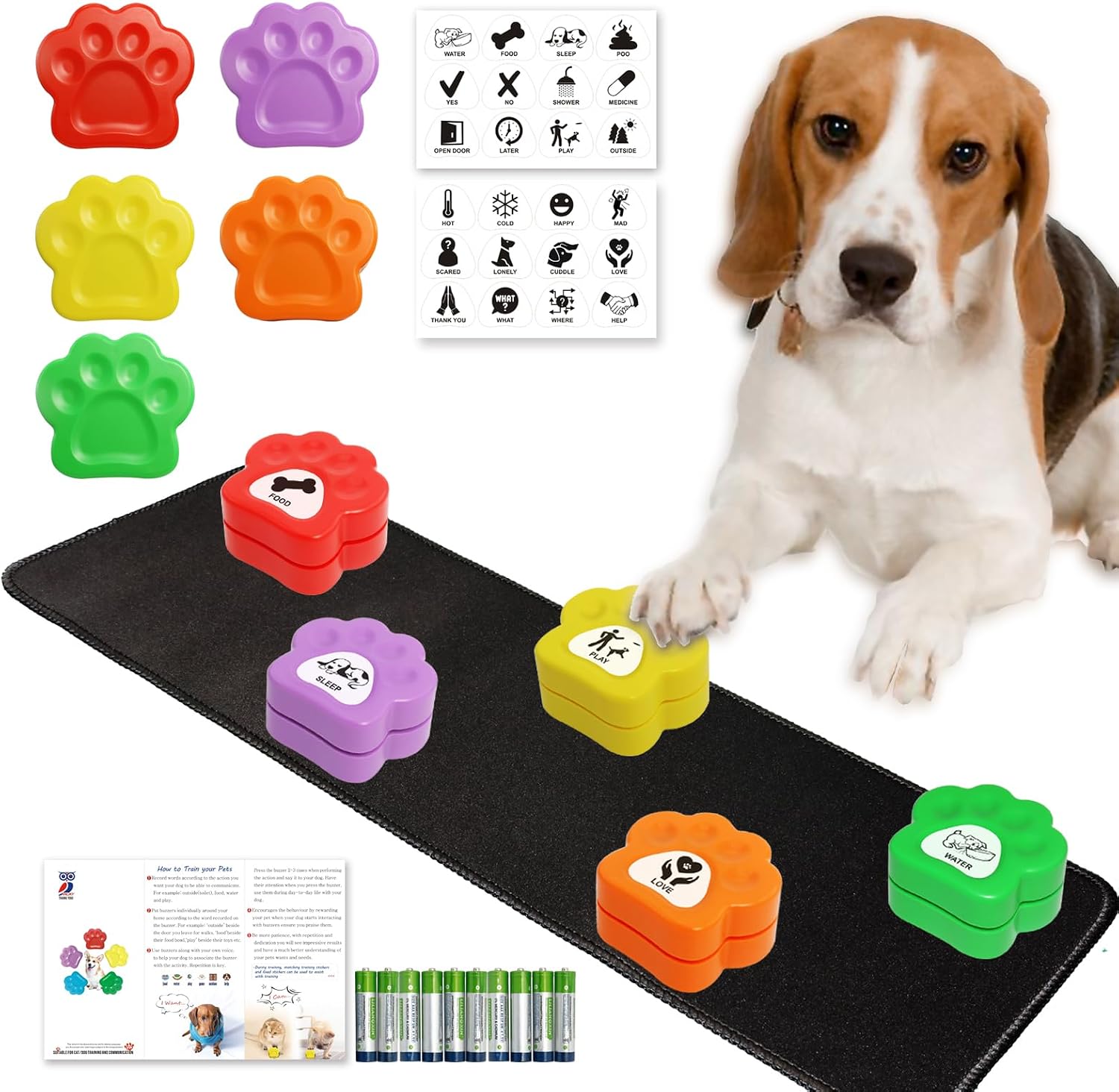 Dog Buttons for Communications with 36 Stickers & 19.6 inch Rubber Pad - Recordable Buttons for Pet Training (30s Voice), Customizable Stickers for Eat/Play/Help/Scared, Pet Communication Set