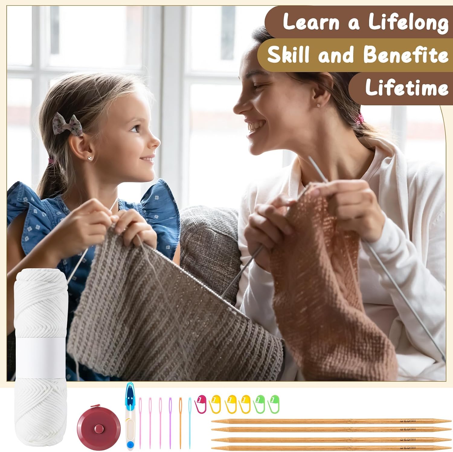Maasechs Knitting Kits for Beginners Adults Complete Hat Knit Set with Yarn Bamboo Needles Starter Crochet Kit with Full Knitting Crochet Accessories for Women and Men (White)