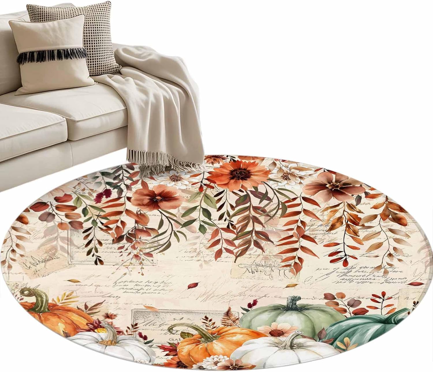 DecorLovee Small Round Rug 3Ft Washable Non-Slip, Orange Green Pumpkins Fall Circle Area Rugs for Living Room Bedroom, Thanksgiving Floral Botanical Vintage Indoor Floor Mats Carpet for Home Decor