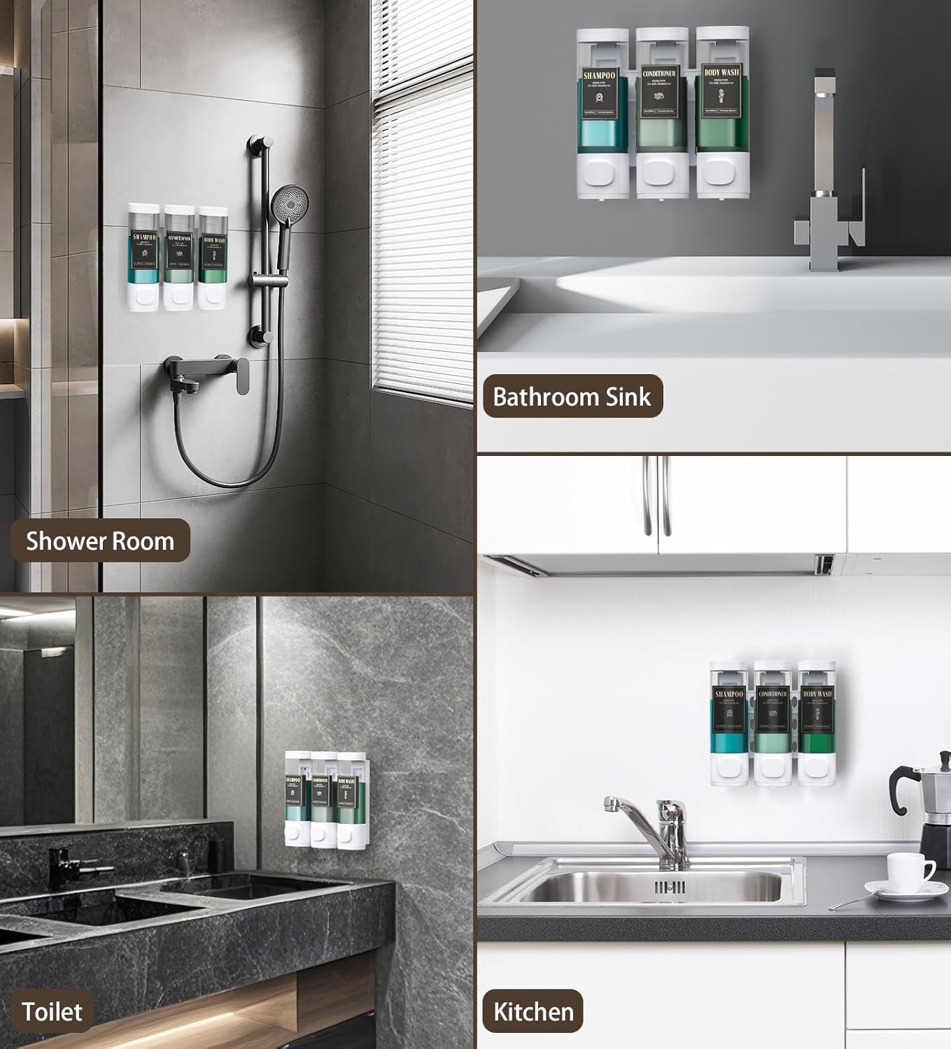 Luxspire Shampoo and Conditioner Dispenser, No Drill Wall Mounted Shower Soap Dispenser 3 Chamber with Waterproof Labels, Easy Refill Soap Dispenser for Bathroom Hotel Kitchen, White - Image 8