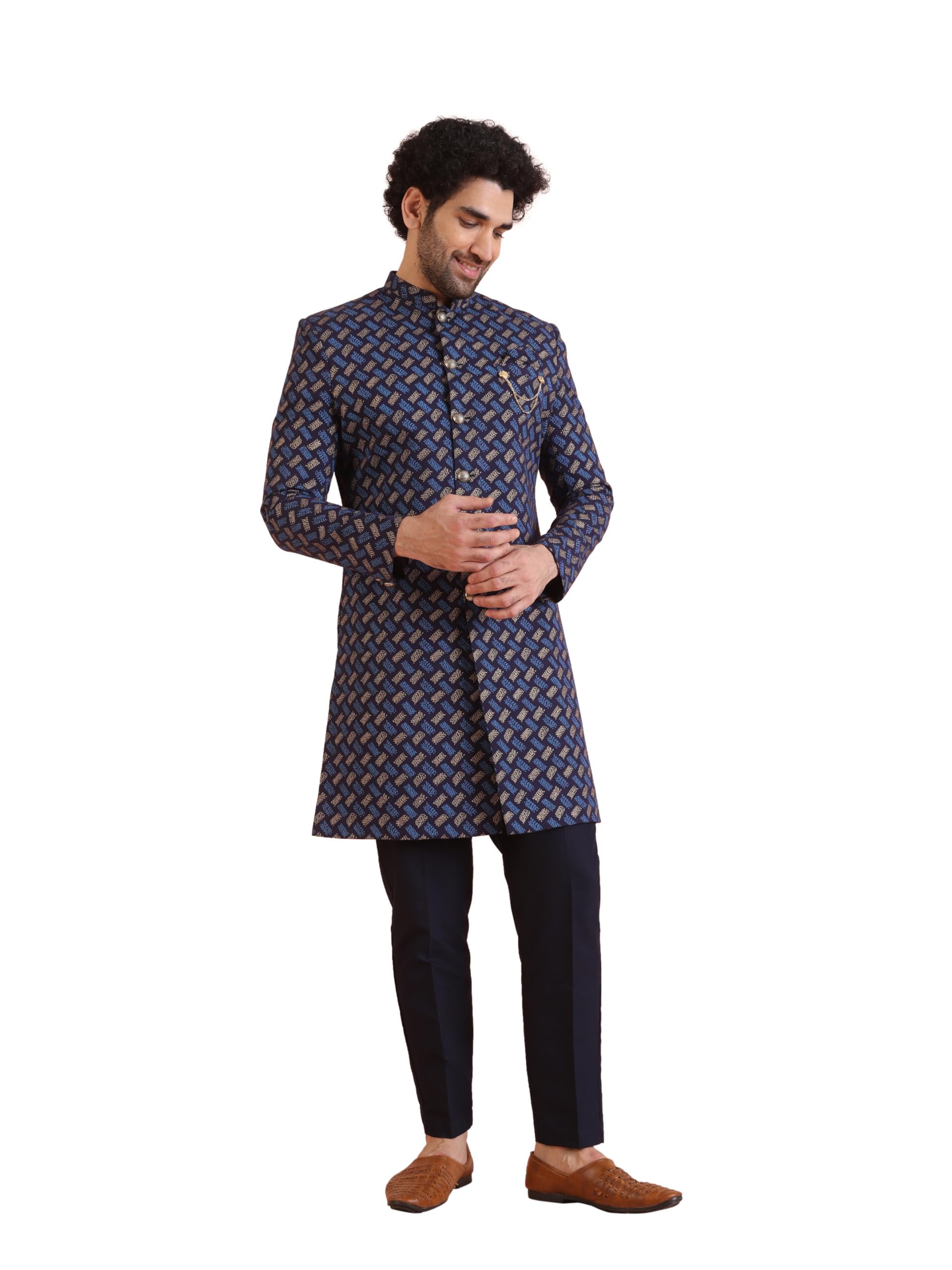 Men's Indo-Western Sherwani, Navy Blue Cotton Blend, Printed Regular Fit Mandarin Collar Long Sleeves-image-10