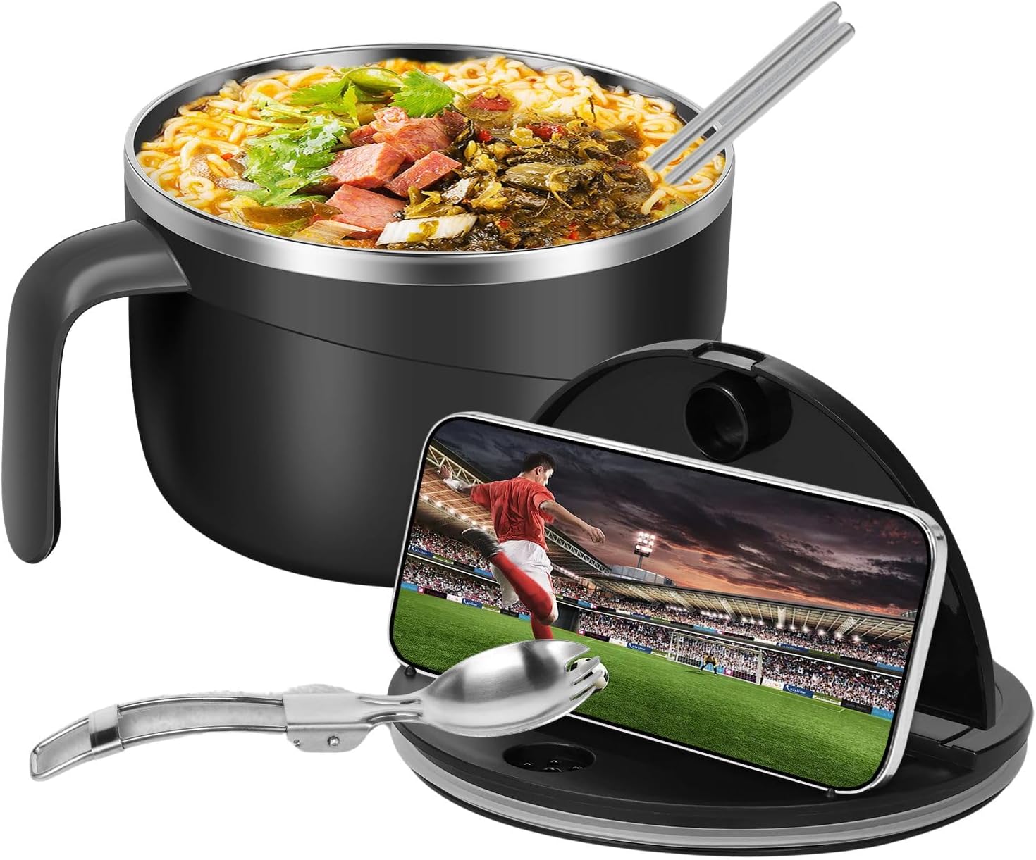 Ramen Bowl with Lid 1200 ml Ramen Bowl Instant with Chopsticks Tablespoon Filterable Ramen Bowl with Mobile Phone Holder for Instant Ramen Turkey Noodles Instant Instant Noodles Black