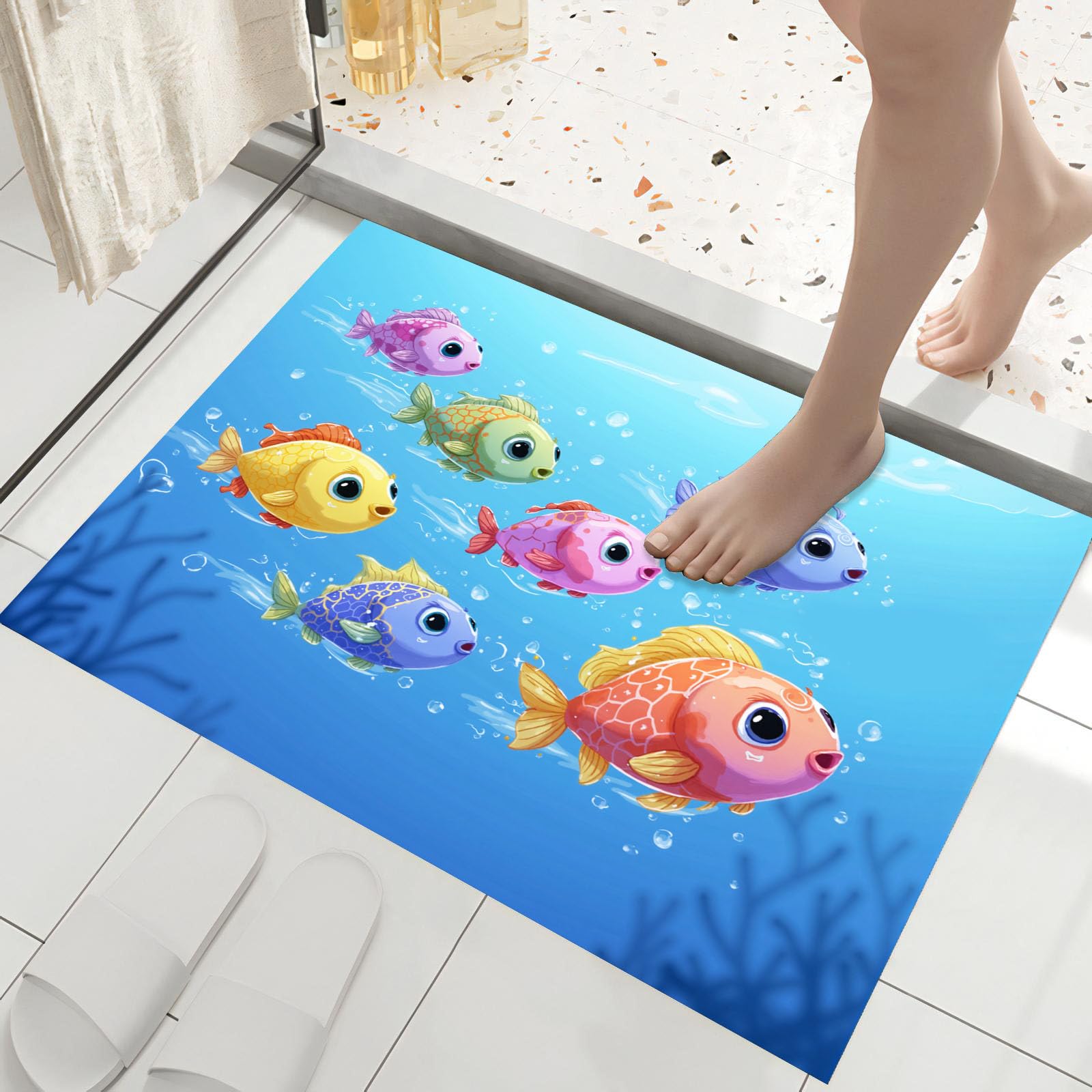 Paillasson bleu 80x120cm animaux marins antidérapant pour entrée