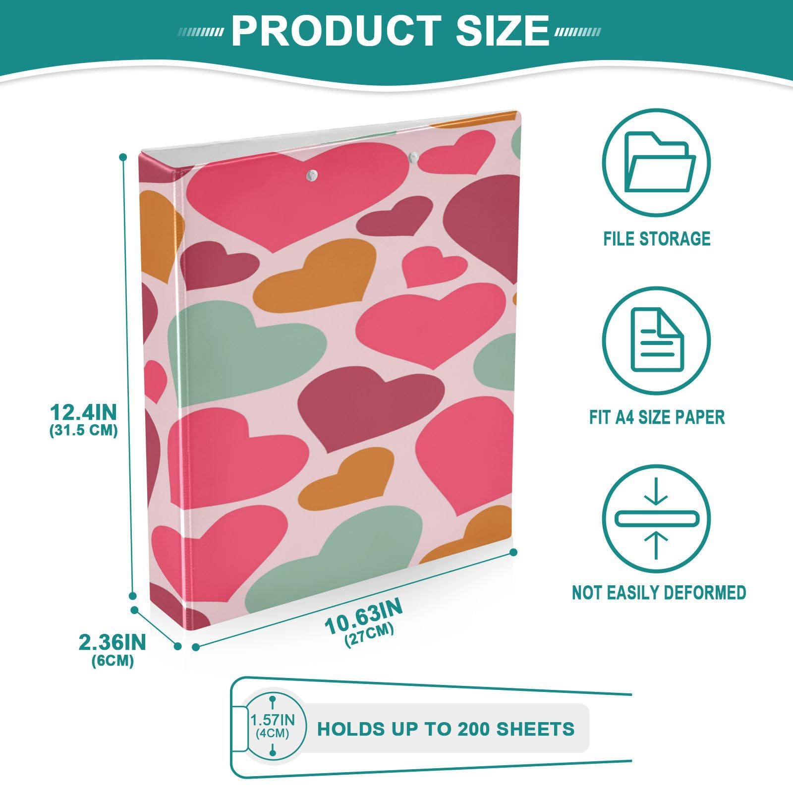 SKYSHU Love Heart - Raccoglitori ad anelli rotondi con 3 tasche interne in PVC trasparente, impermeabili, robusti, 3,8 cm, con clip in metallo antiscivolo, raccoglitori versatili per 200 fogli,