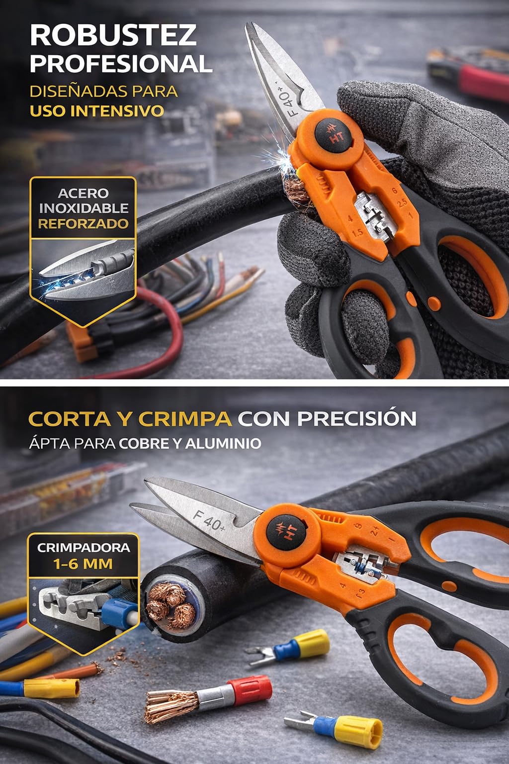 H&T Tijeras Profesionales de Electricista F40 – Crimpadora 1–6 mm – Cortacables hasta 70 mm – Acero Reforzado - Acero Inoxidable Reforzado - RASMACOR