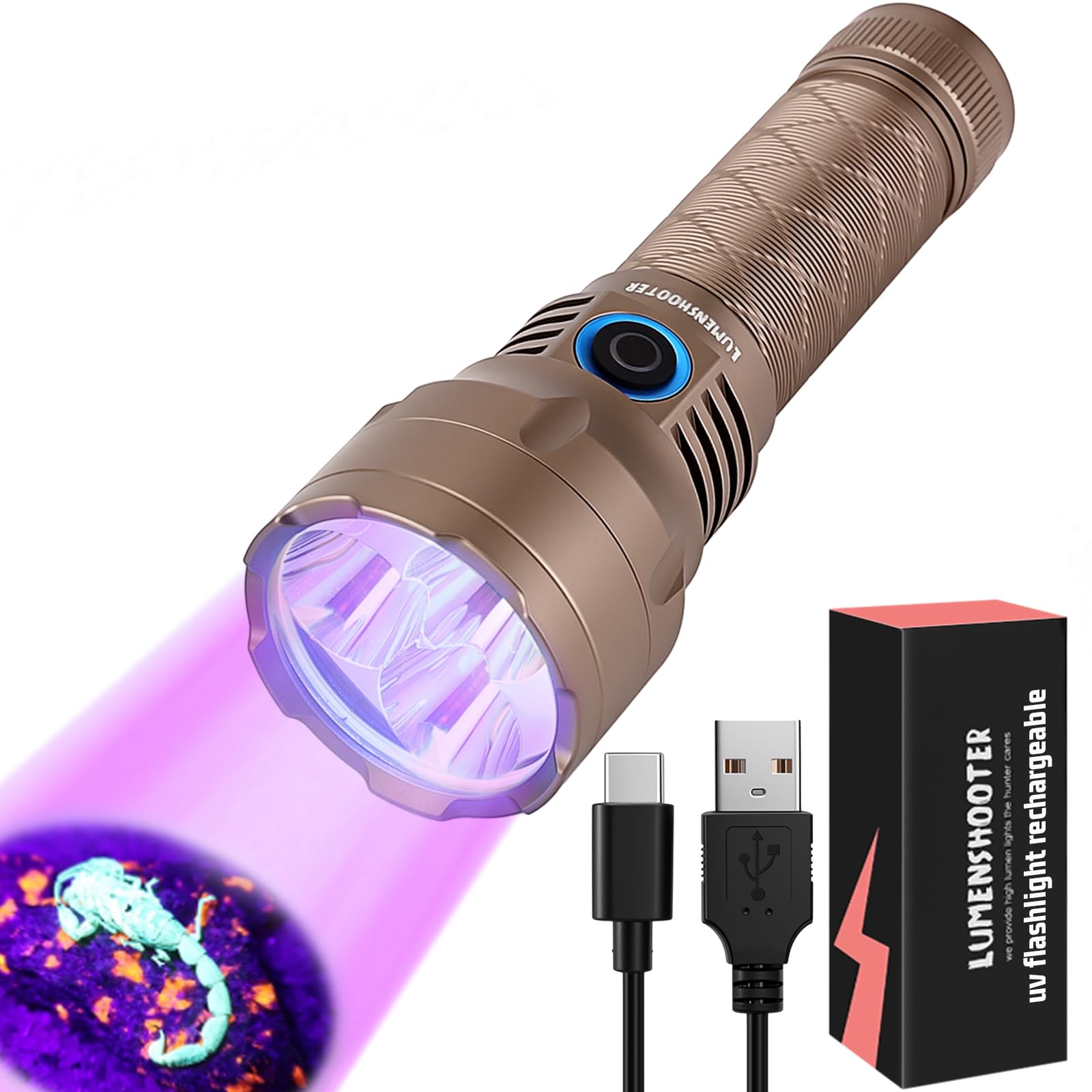 LUMENSHOOTER Linterna UV recargable S3U con luz negra | 385 NM, curado de resina, detección de orina y escorpión de mascotas, caza de rocas y minerales, potente mano