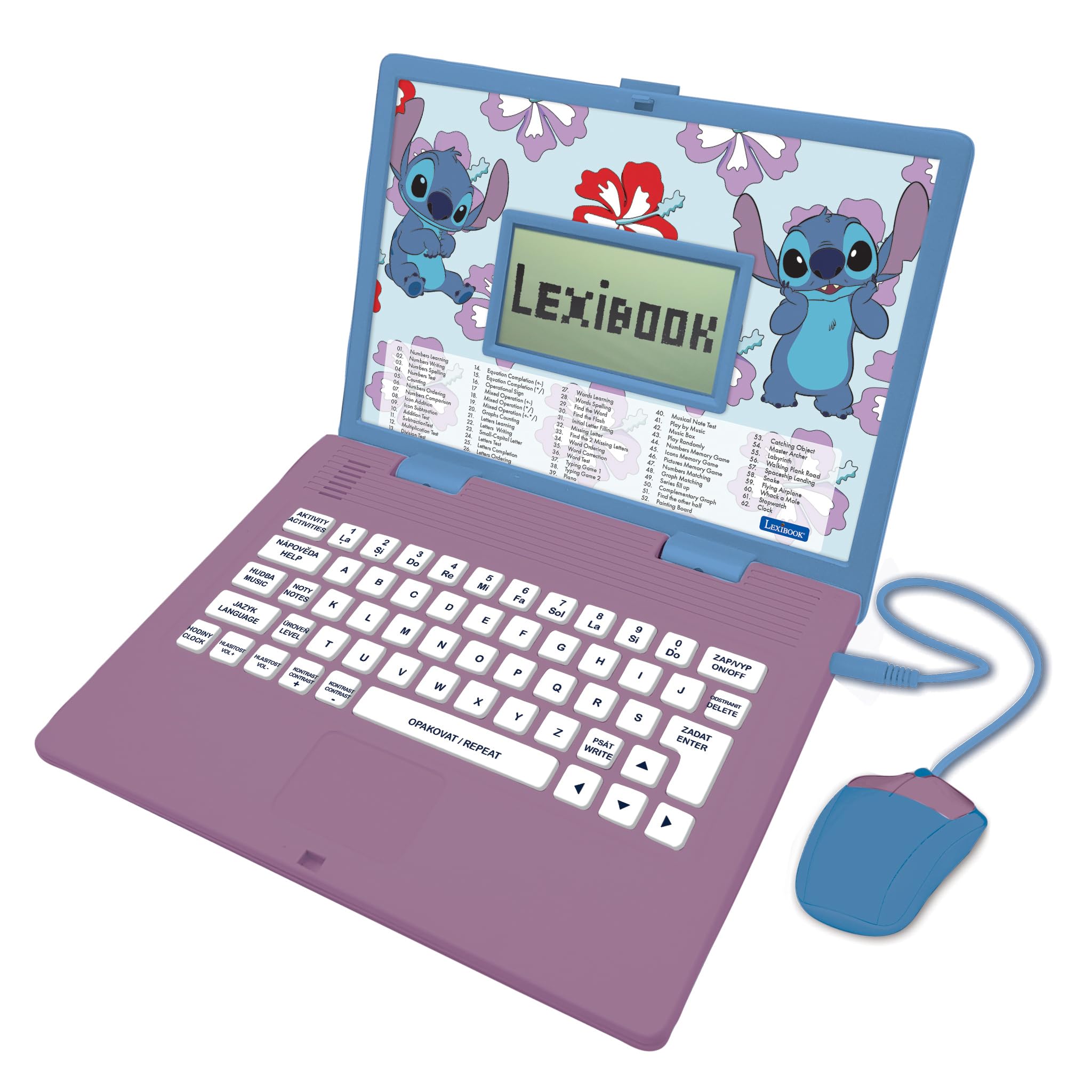 LEXIBOOK, Disney Stitch, Bilingual ENGLISH/CZECH Educational Computer, Toy for Children with 124 Language, Writing, Maths, Logic, Music Activities and Games, Blue, JC598Di12