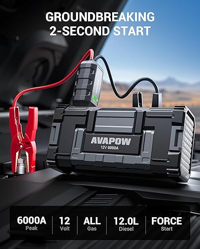 Miniatura 2 de AVAPOW Arrancador de coche de 6000 A (para todo gas o hasta 12L Diesel) batería de arranque con carga rápida USB dual y salida de CC, caja de salto