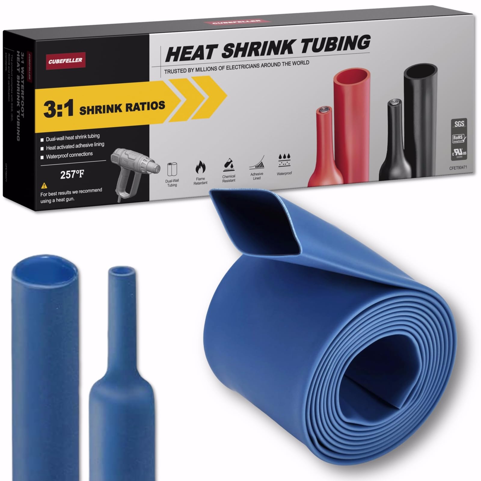 CUBEFELLER® 3:1 Ratio 1-1/2 Inch (39mm) Blue Heat Shrink Tubing - 4ft (1.22M Total Length), Marine Grade Waterproof Adhesive Lined, Insulation Sealing