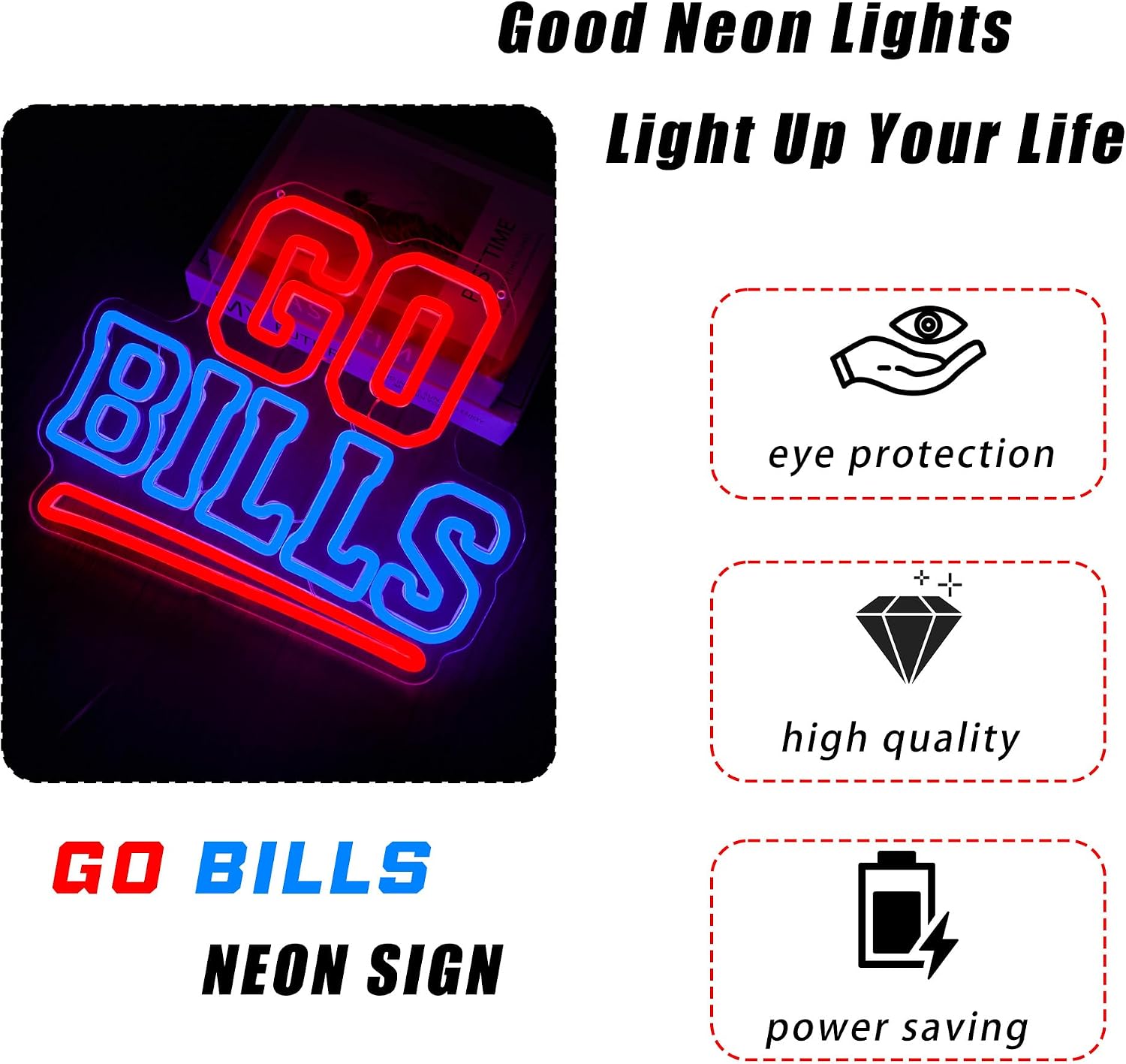 Go Bills Neon Sign Football Neon Light for Wall Décor Rugby Team Led Sign for Man Cave Bar Boy’s Bedroom Game Room,Gift for Sport Team Fans（12.8 * 11.3 inches）