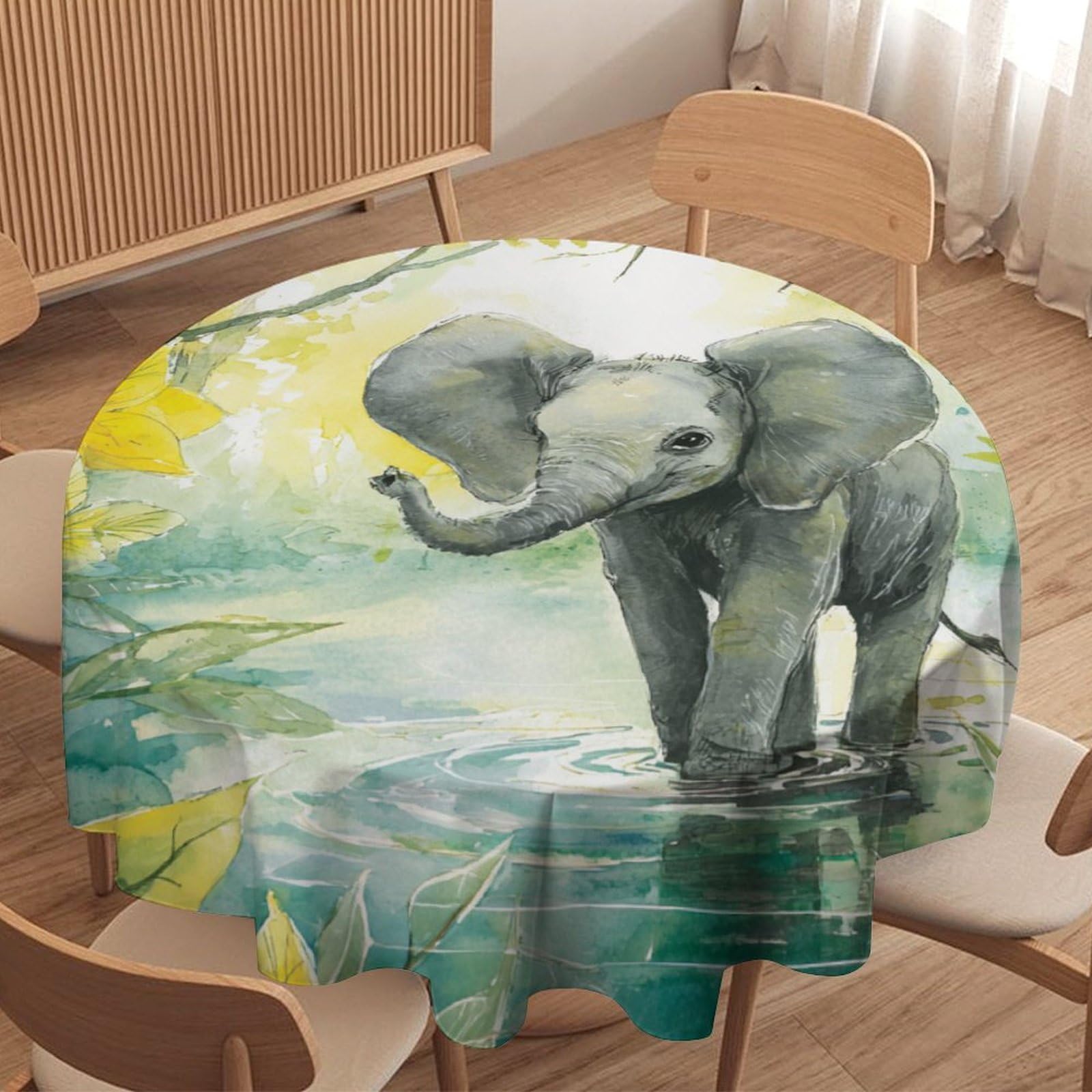 LUYYSKY Cute Abstract Baby Elephant Waterproof Round Tablecloth Funny Realistic Tropical Jungle Animal Elephant Flowers Washable Table Cover for Kitchen-127 Wx127 L cm