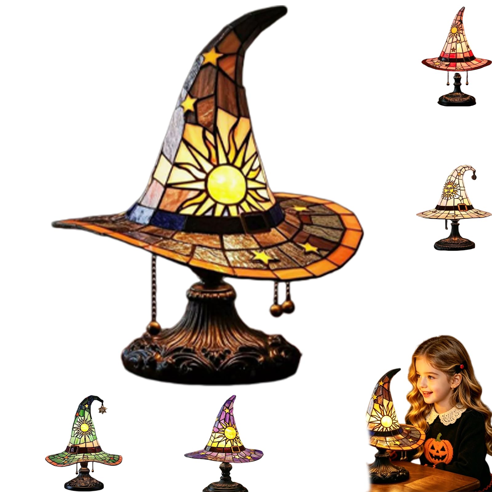 UIRPK Stained Glass Witch Hat Lamp,Handmade Witch Hat Lights, Handcrafted Retro Resin Witch Lamp, Halloween Home Decor Accent Lamps for Bedroom & Bookshelf (E-M)