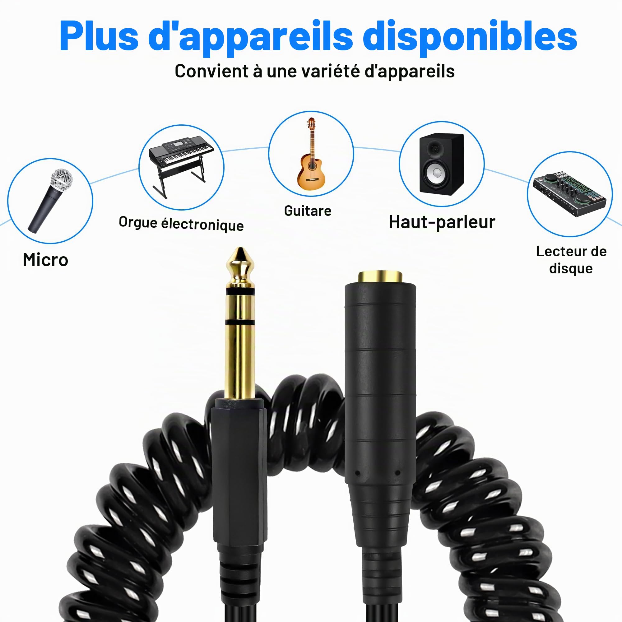 MEIRIYFA 6,35 mm 1/4 "câble audio, 6,35 mm trs mâle femelle audio stéréo instrument rallonge câble en spirale pour amplificateur, Haut - parleur, guitare, microphone, clavier