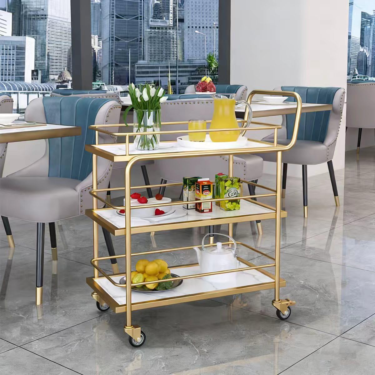 Carrello Bar con parapetto – 3 Ripiani di Servizio su Ruote bloccabili, Bevande Dorate per casa e Feste, Carrello portaoggetti in Legno e Metallo per Cucina