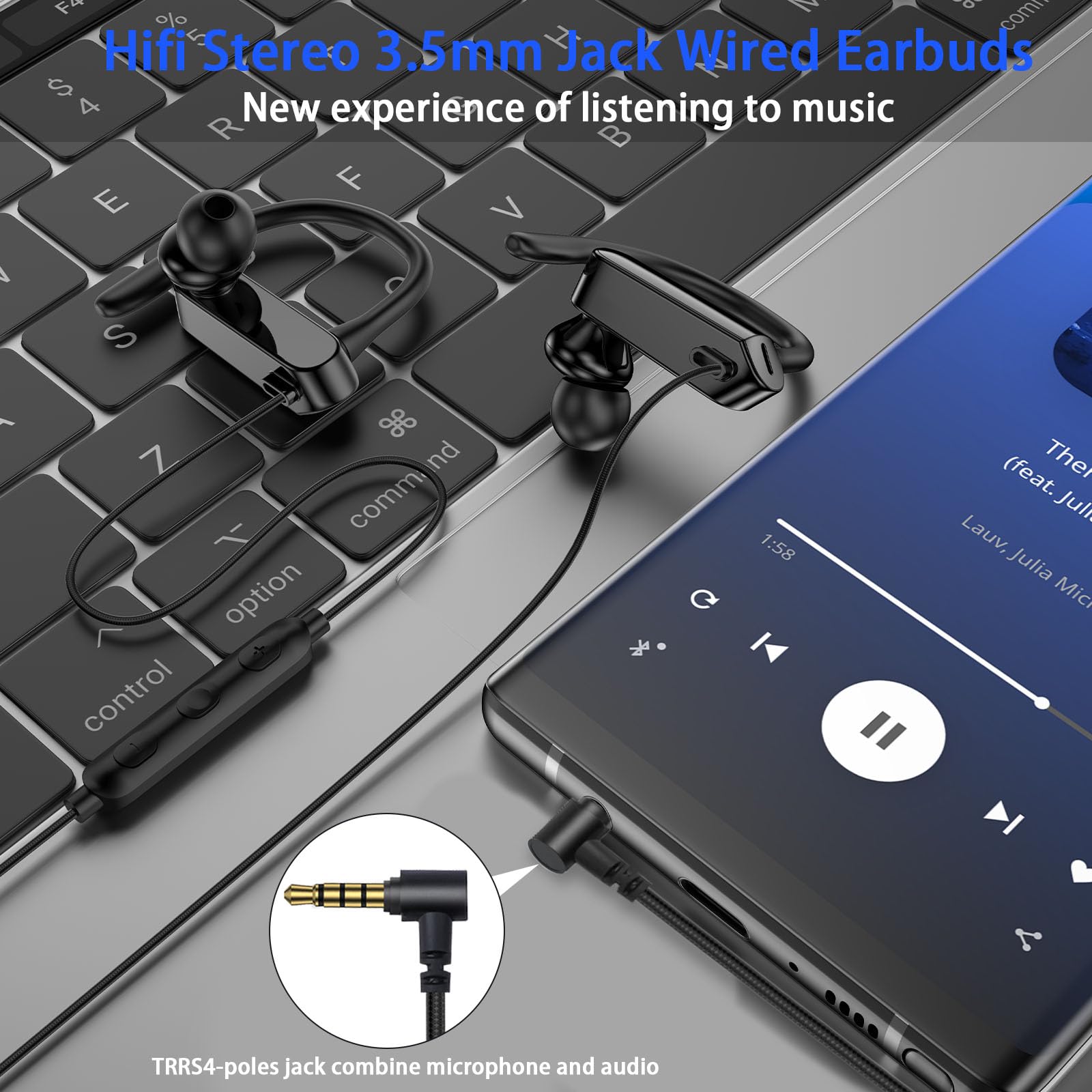 Auriculares con cable con gancho para la oreja para micrófono, auriculares deportivos de 3,5 mm de largo, 1,8 m de largo, con cable para iPad, iPod, teléfonos móviles, portátiles, auriculares