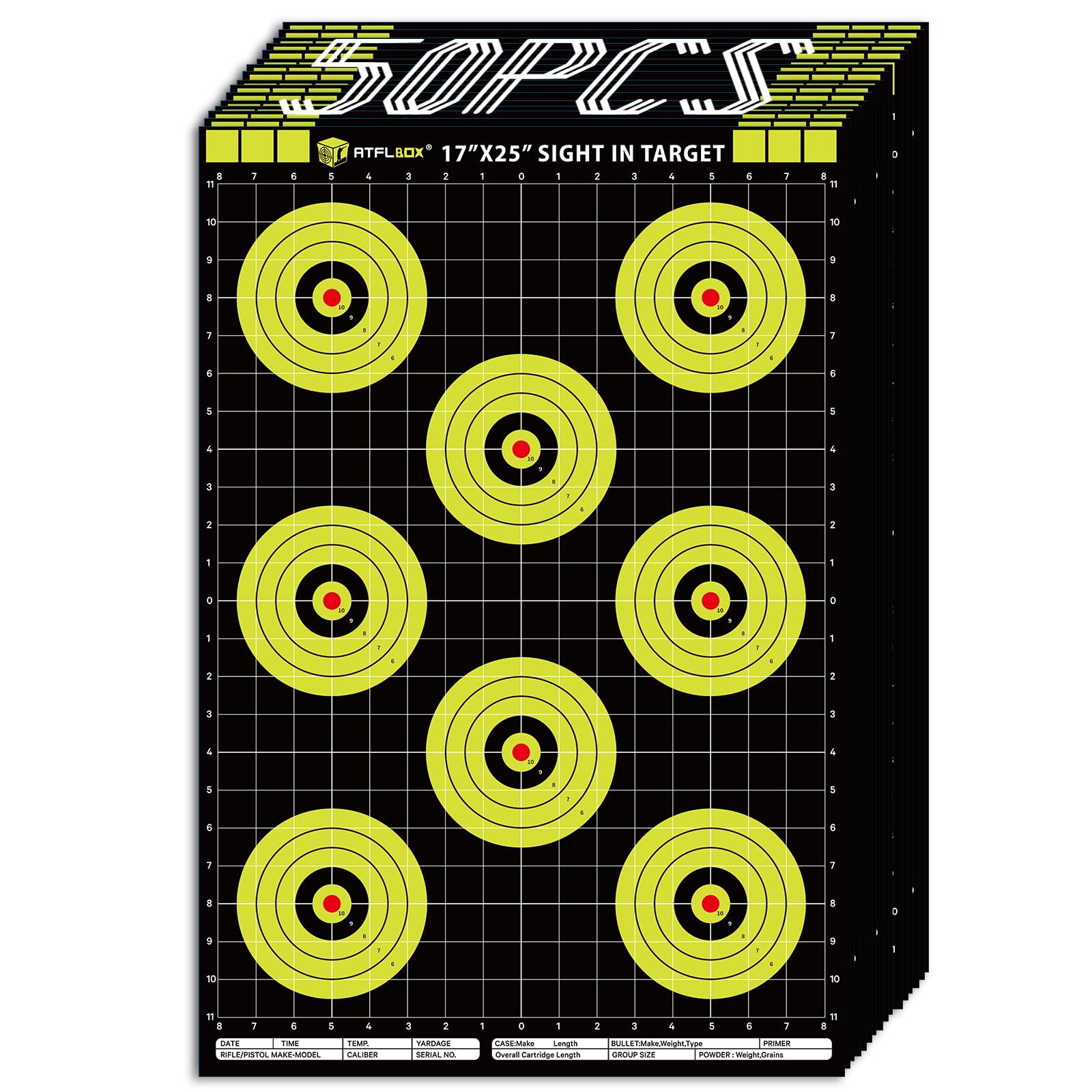 25/50 Feuilles de Cibles de Tir en Papier 43 x 63.5 CM Cibles Vertes Bullseye pour Les Tireurs à Distance pour Le Tir au Pistolet