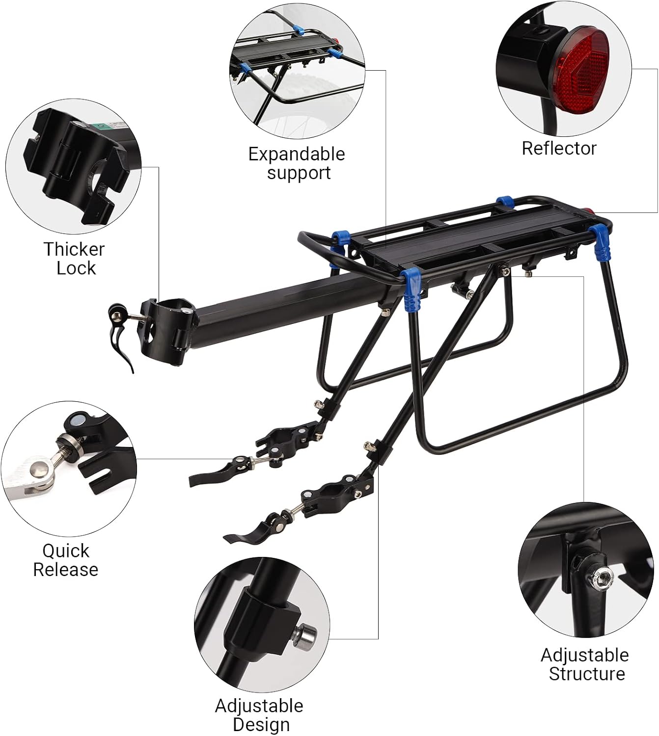 Himiway Rear Bike Rack with Rear Seat Cushion, Bicycle Cargo Rack with Fender Detachable Reflectors, Adjustable Bicycle Carrier Aluminum Alloy Bike Luggage Rack