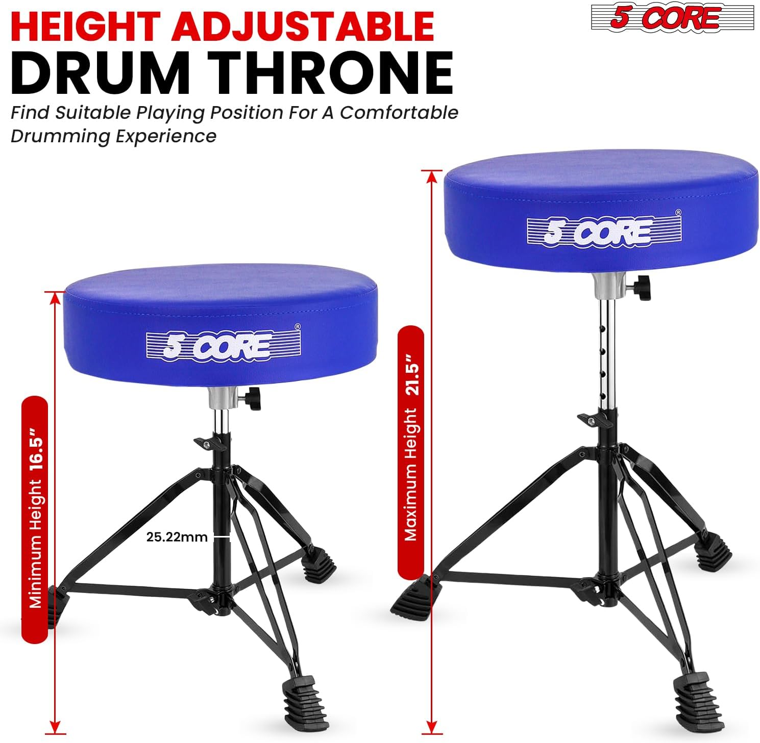 5 CORE Drum Throne 3" Thick Padded 21.5" Adjustable Guitar Stool Drummer Chair 200 lb Capacity Seat for Adults & Kids Blue - DS BLKCH BLU