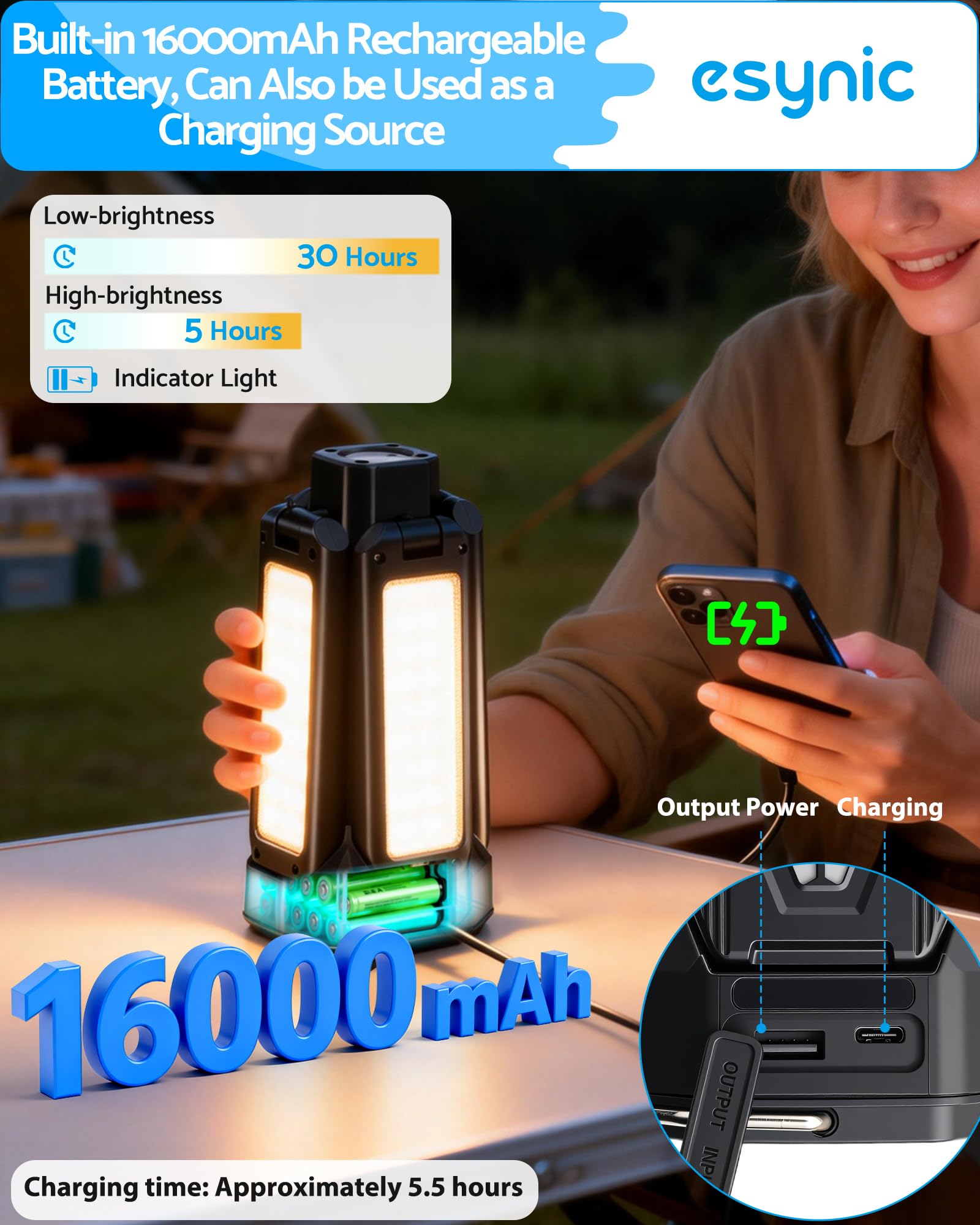 eSynic Luz de Trabajo LED Recargable con Trípode 16000mAh Regulable Cuatro Paneles Foco LED Exterior 4000 Lúmenes Linterna Camping Portátil Garaje Taller Mecánico con Imán Gancho SOS IP66