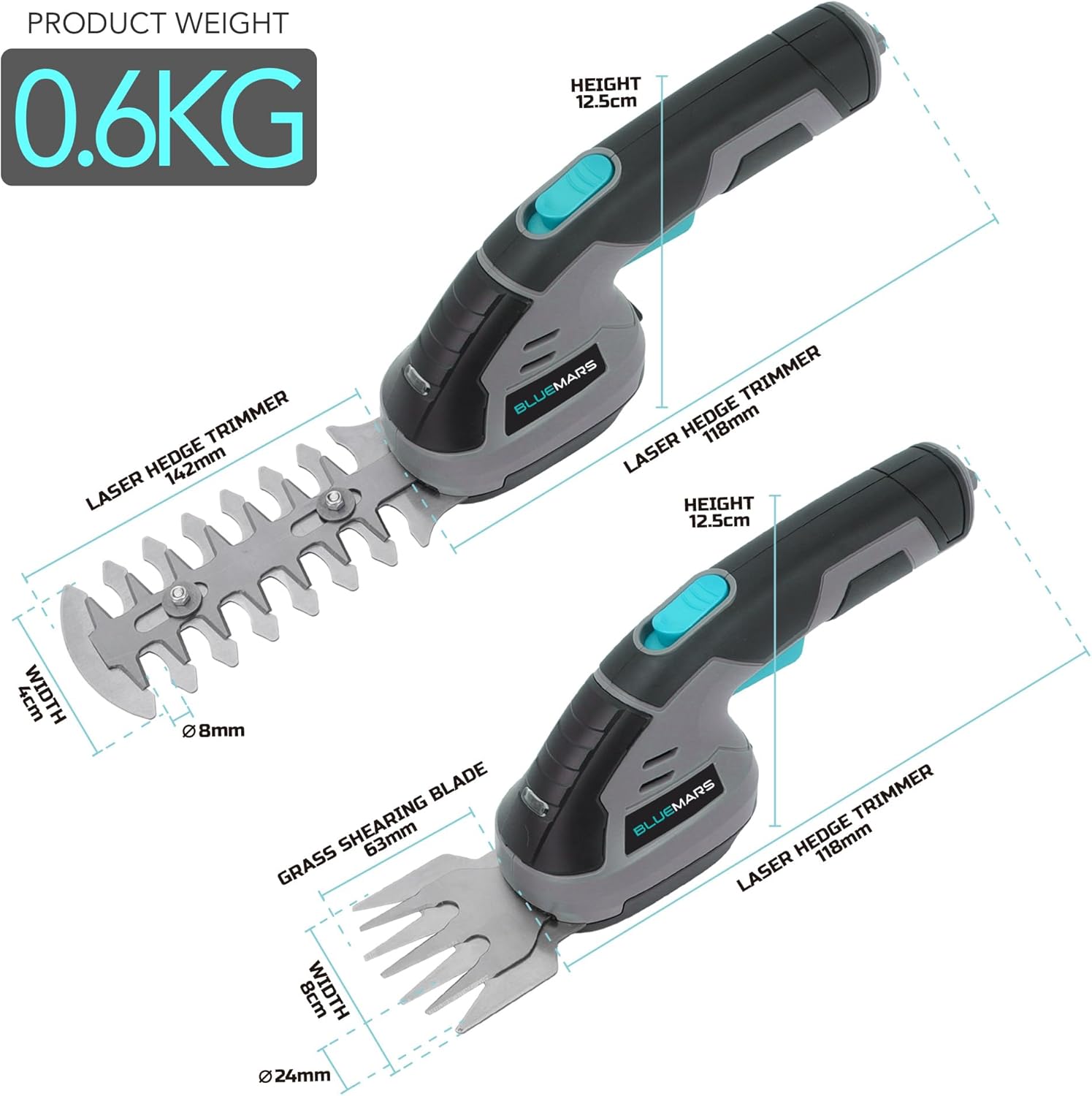 Bluemars 8V 2-in-1 Cordless Hedge Trimmer & Grass Shear w/ 2000mAh Lithium-Ion Battery, Mini Garden Pruner with 2 Blades, for Lawn, Shrub, and Garden Edging