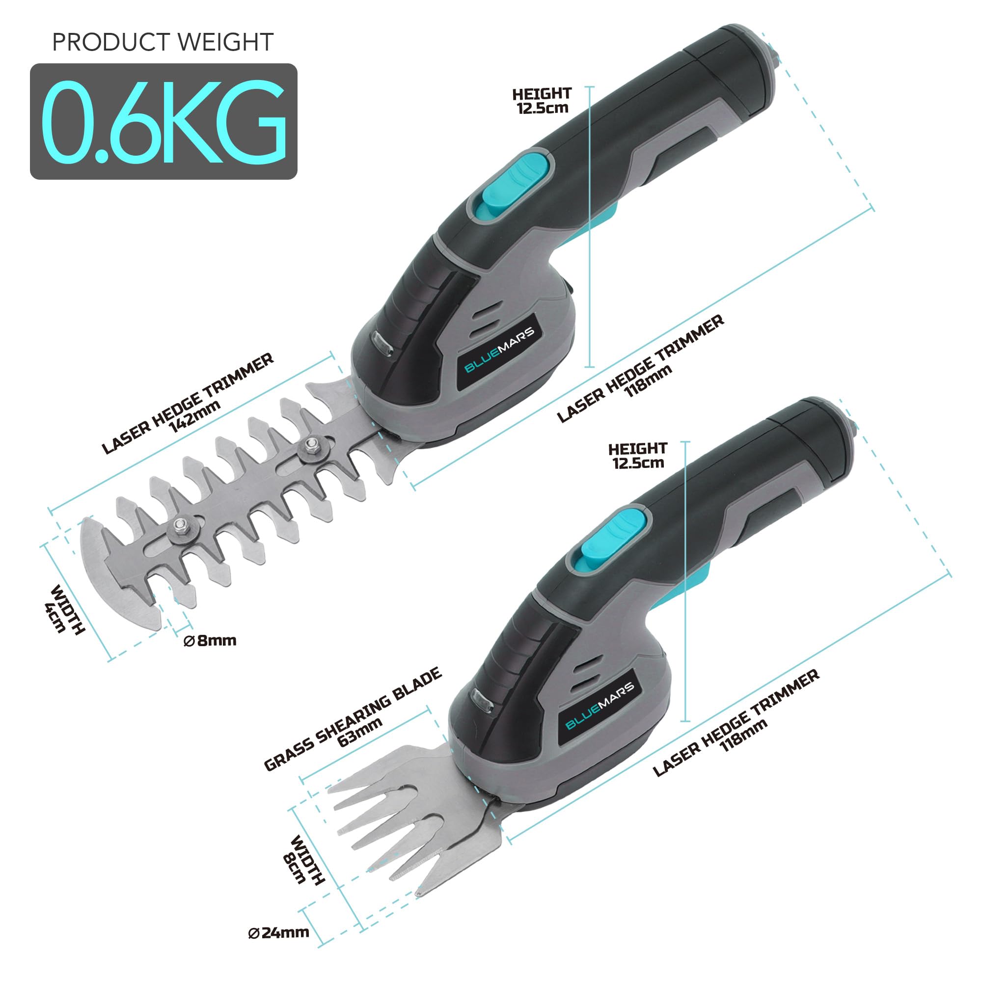 Bluemars Taille-haie sans fil 8 V 2 en 1 avec batterie lithium-ion 2000 mAh, mini sécateur de jardin avec 2 lames, pour pelouse, arbuste et bordure de jardin