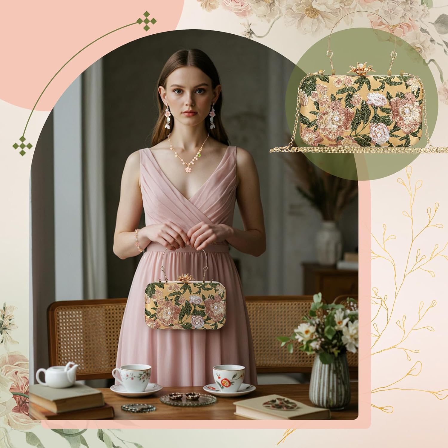 4 Pcs Vintage Floral Embroidered Clutch Jewelry Set, Evening Handbag Necklace Earrings Bracelet Wedding Gift Prom Christmas