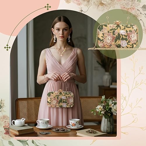 Miniatura 6 de 4 Pcs Vintage Floral Embroidered Clutch Jewelry Set, Evening Handbag Necklace Earrings Bracelet Wedding Gift Prom Christmas