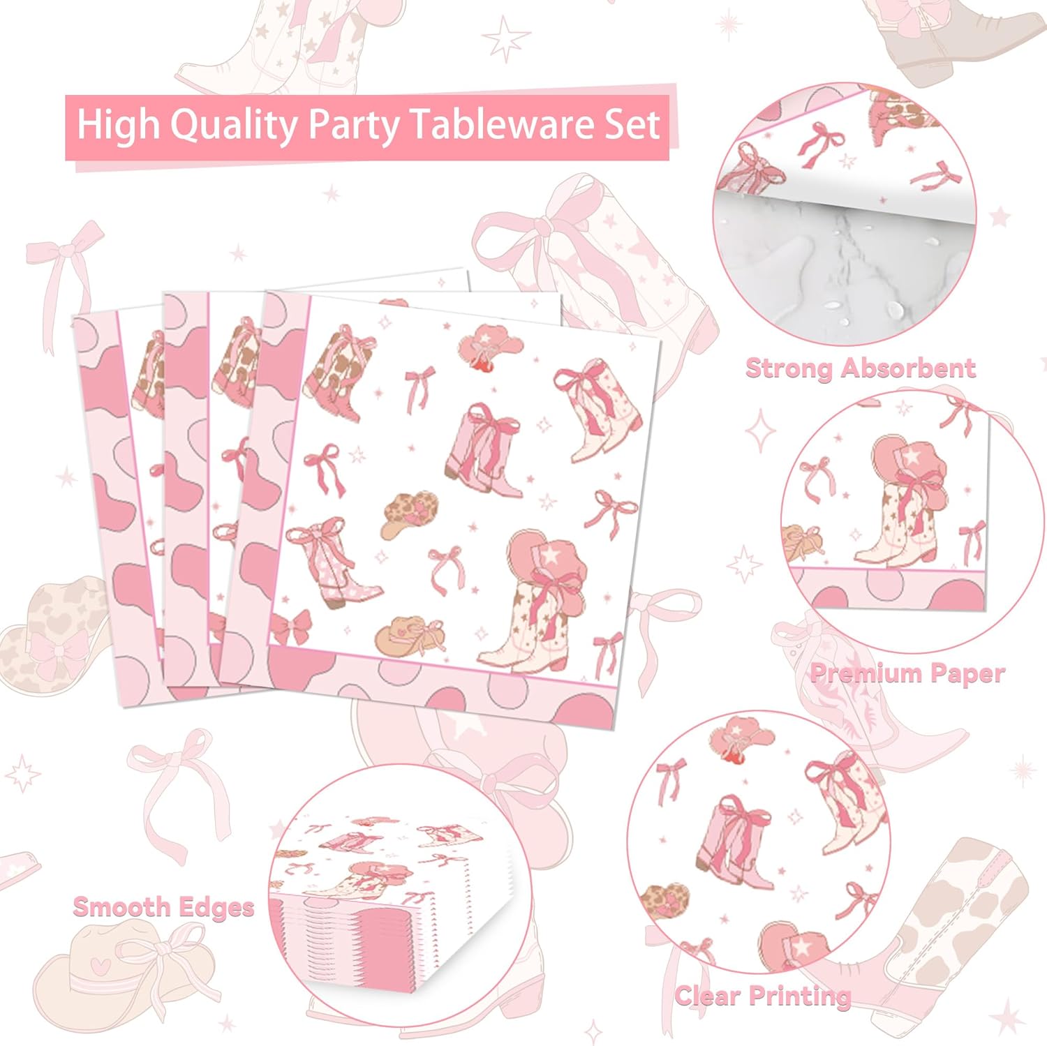 Pink Bow Cowgirl Party Dinnerware Kit for Girls - 20 Guests All-in-One, Bow Cowgirl Decorations, Coquette Birthday Supplies Plates Cutlery Napkins Cups Tablecloth for Western Baby Shower Bachelor - Image 3