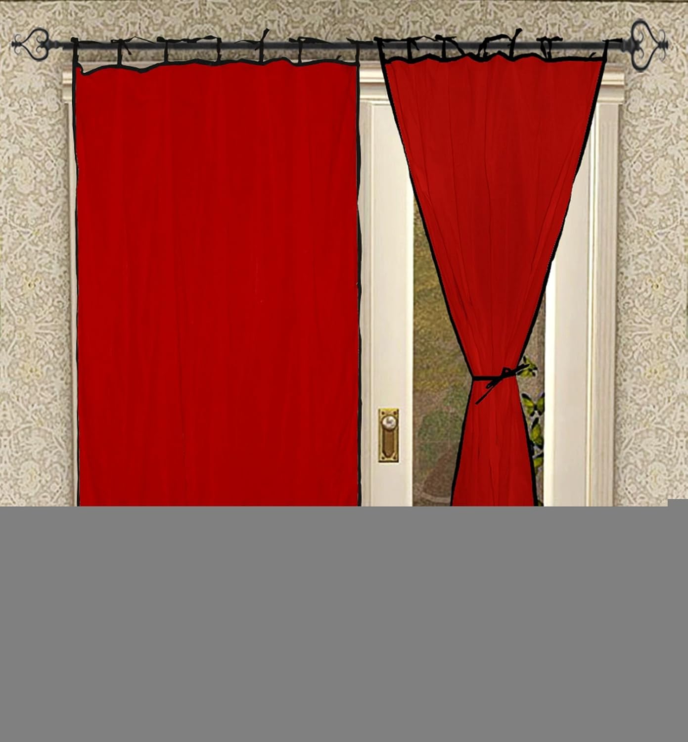 2 Pcs Tie Top Black Piping Plain Red Curtain Panels for